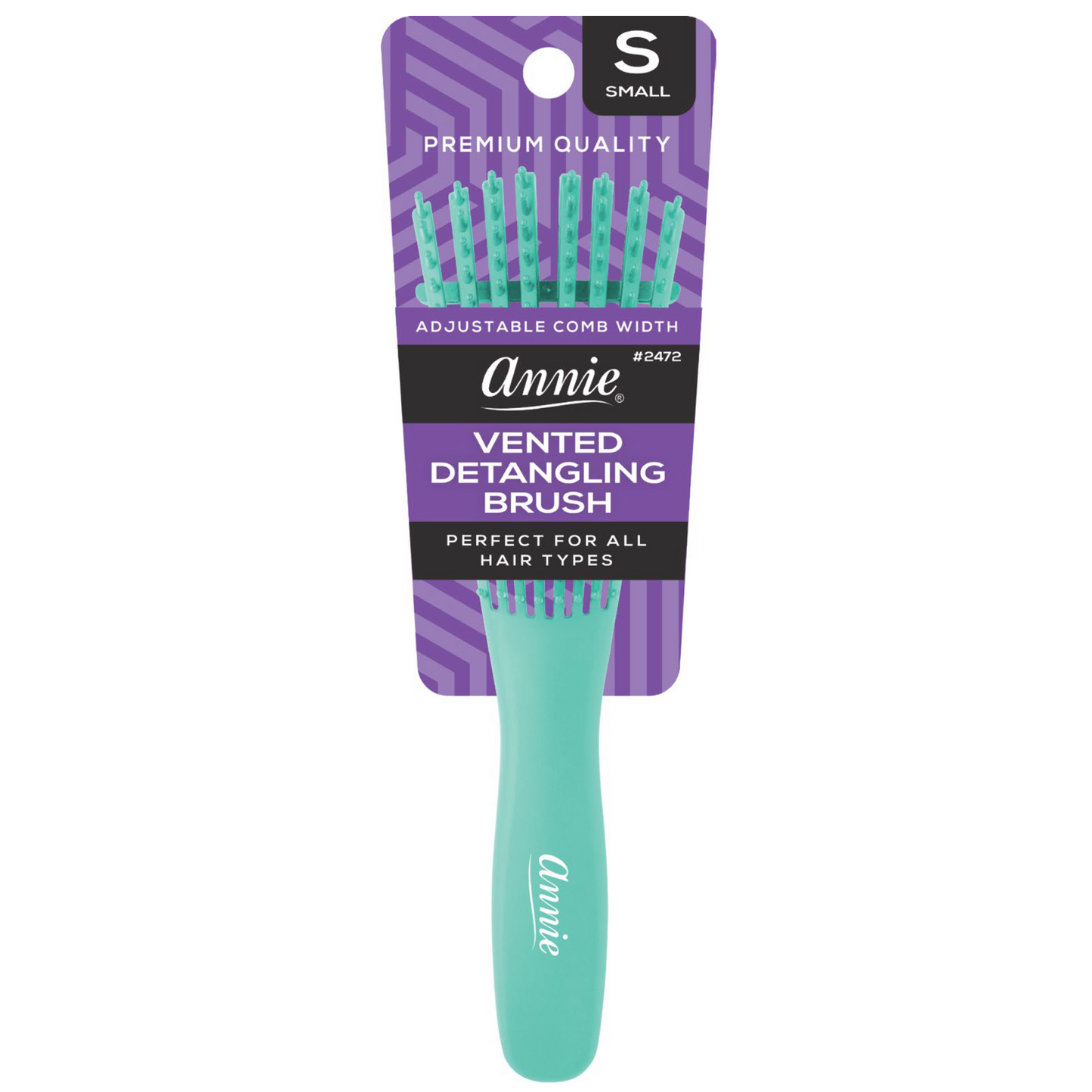 Annie Vented Detangler Brush Small 8 Row Asst Colors with adjustable comb teeth for all hair types, teal color shown.