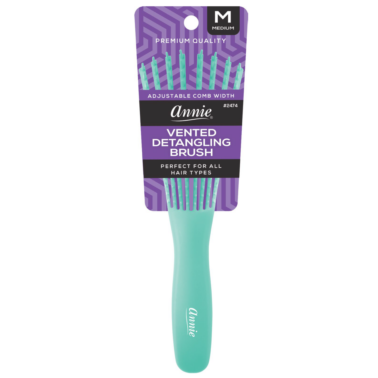 Annie Vented Detangler Brush Medium 8 Row Asst Colors with adjustable comb and vented design for all hair types.