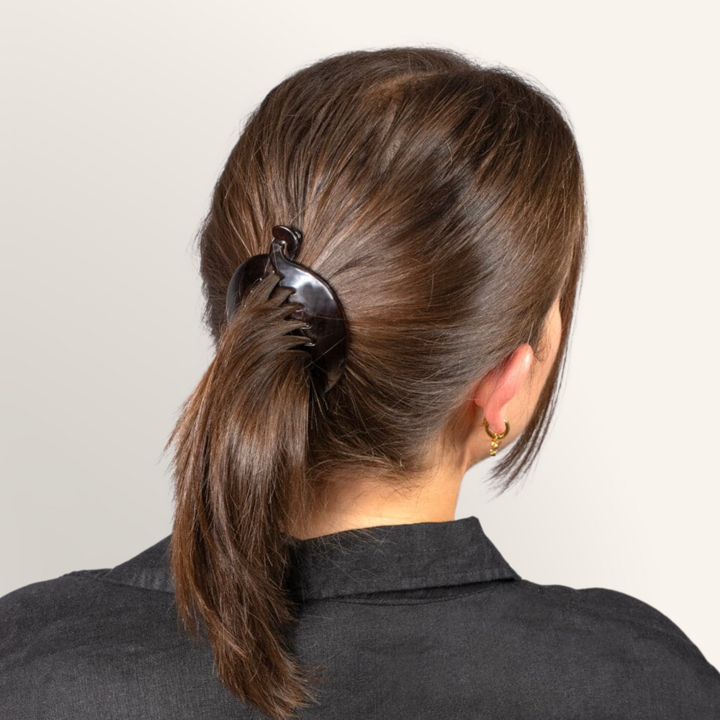 Annie Banana Clip Small Round 6.5cm 2 Count Fashion Hair Clip in black securing medium brown hair ponytail.