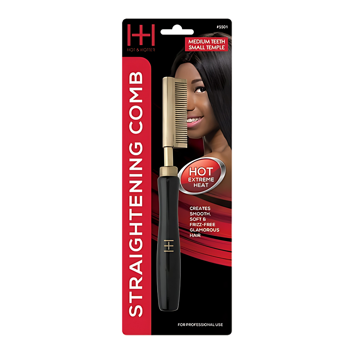 Hot & Hotter Thermal Straightening Comb Medium Teeth hair straightener in black and gold for smooth, frizz-free hair.