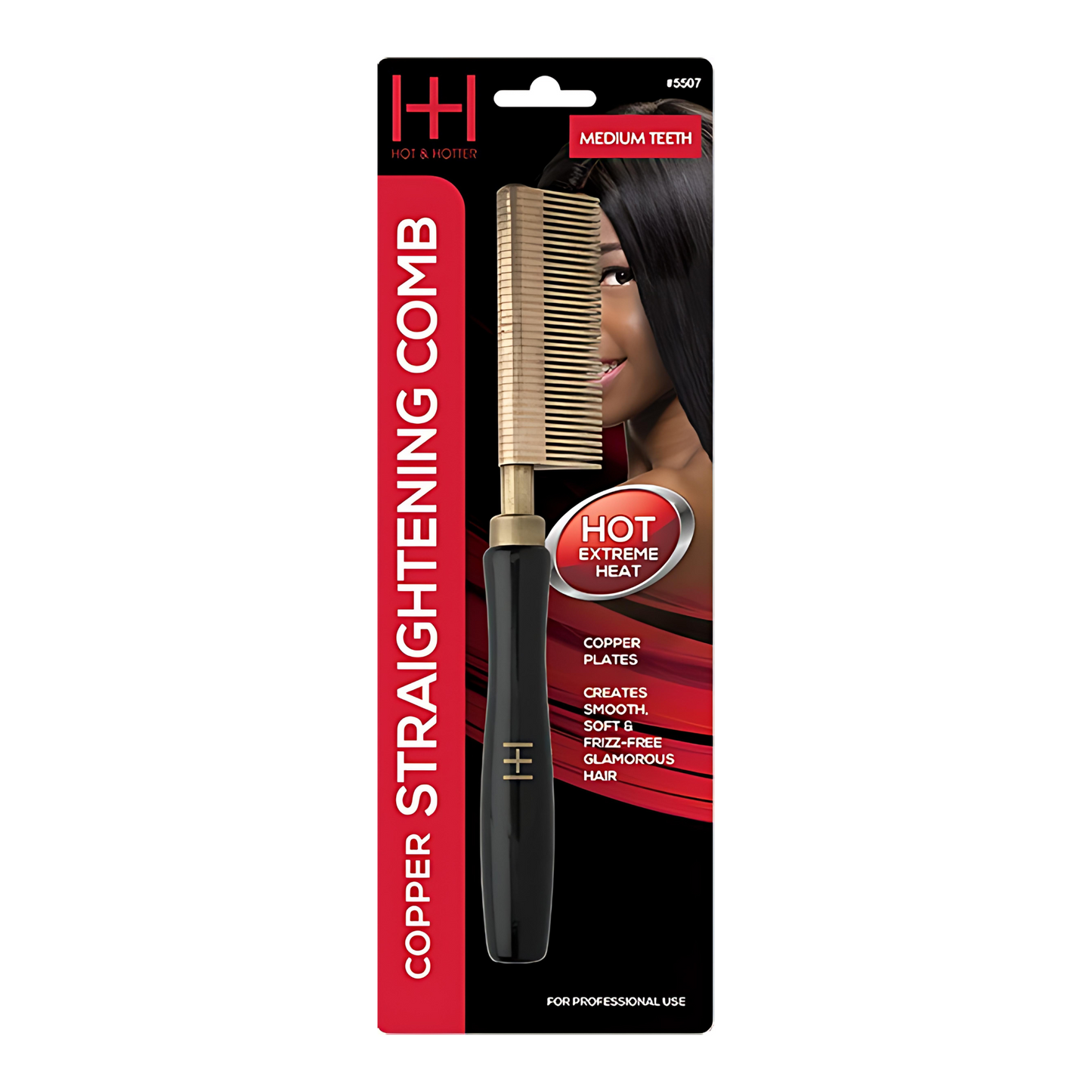 Hot & Hotter Thermal Straighten Comb Medium Teeth Copper Plate black and gold hair straightener in packaging.