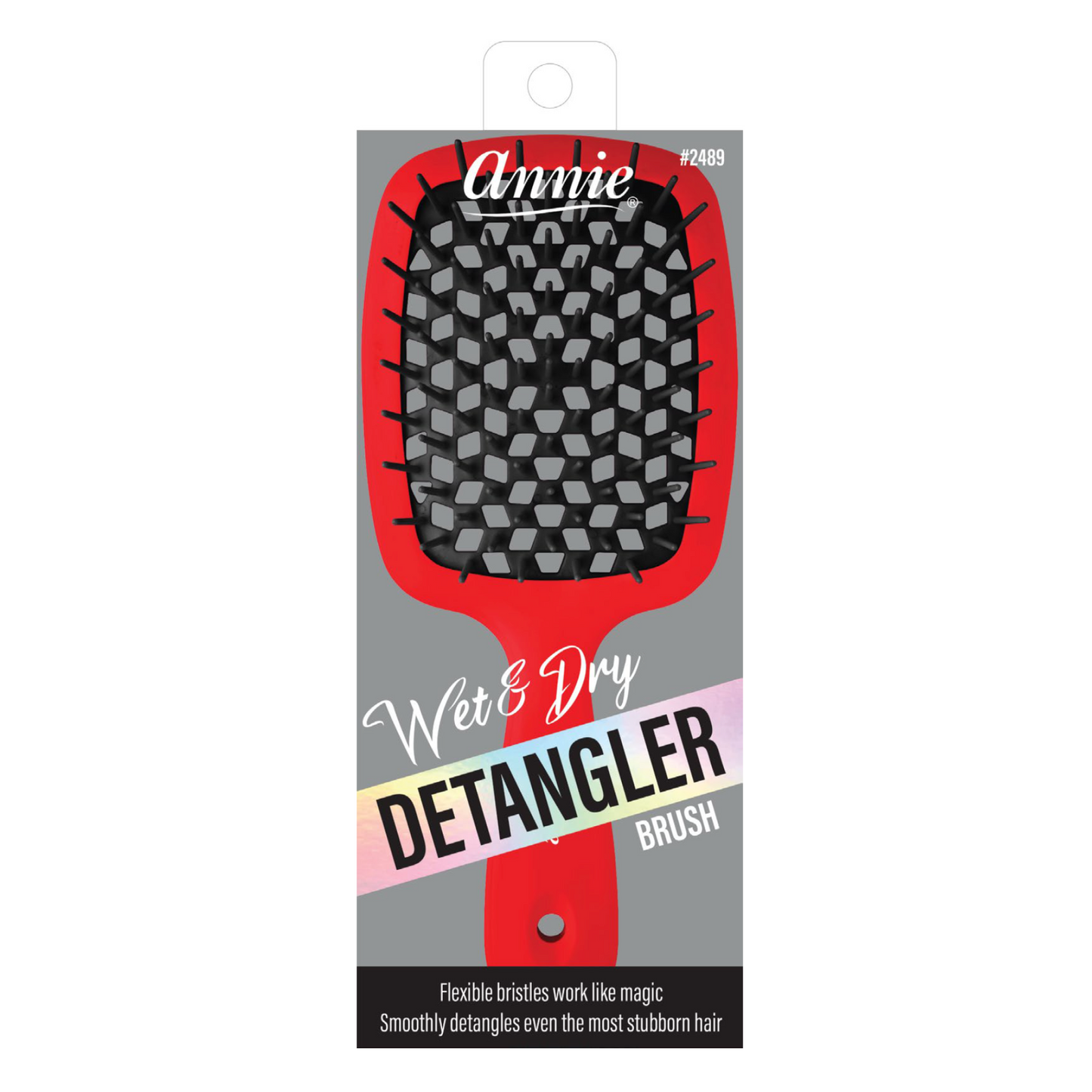 Annie Wet & Dry Detangling Hair Brush with flexible bristles for all hair types, wet or dry, easy to clean and lightweight.
