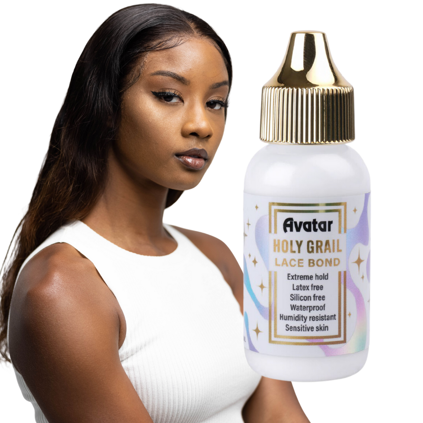 Avatar Holy Grail Lace/Wig Bond Display with 12 Count Clear Wig Glue for secure, waterproof, sensitive skin use.