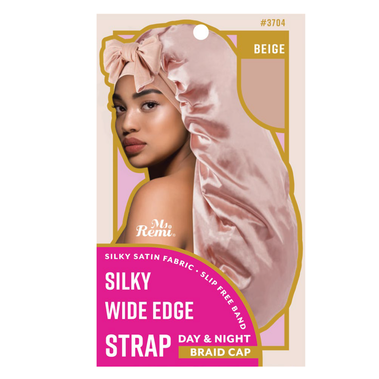 Ms. Remi Silky Wide Edge Strap Day & Night Cap, Braid Assorted in beige silky satin fabric with wide strap and bow detail.