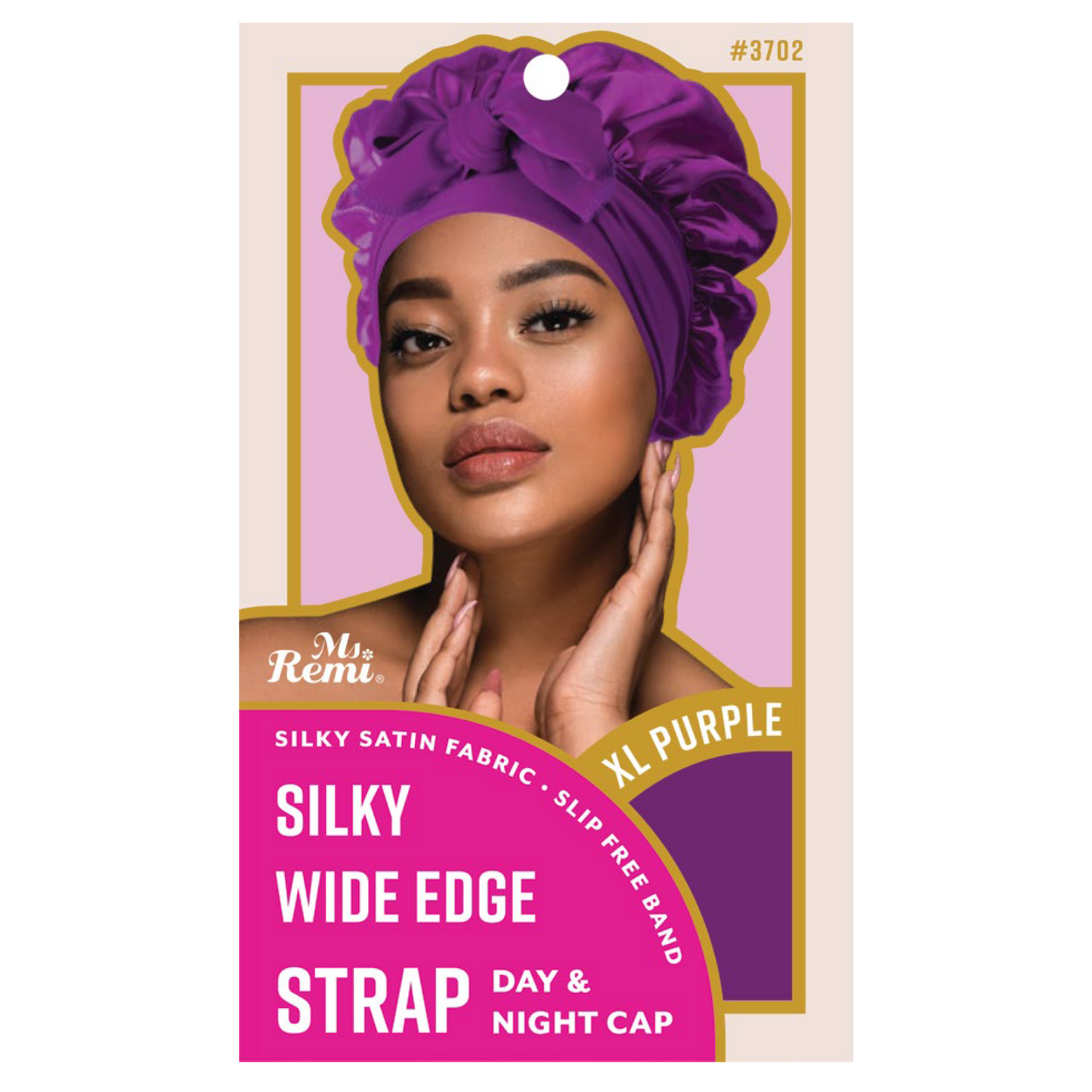 Ms. Remi Silky Wide Edge Strap Day & Night Cap XL Assorted in purple satin with wide strap and slip-free band