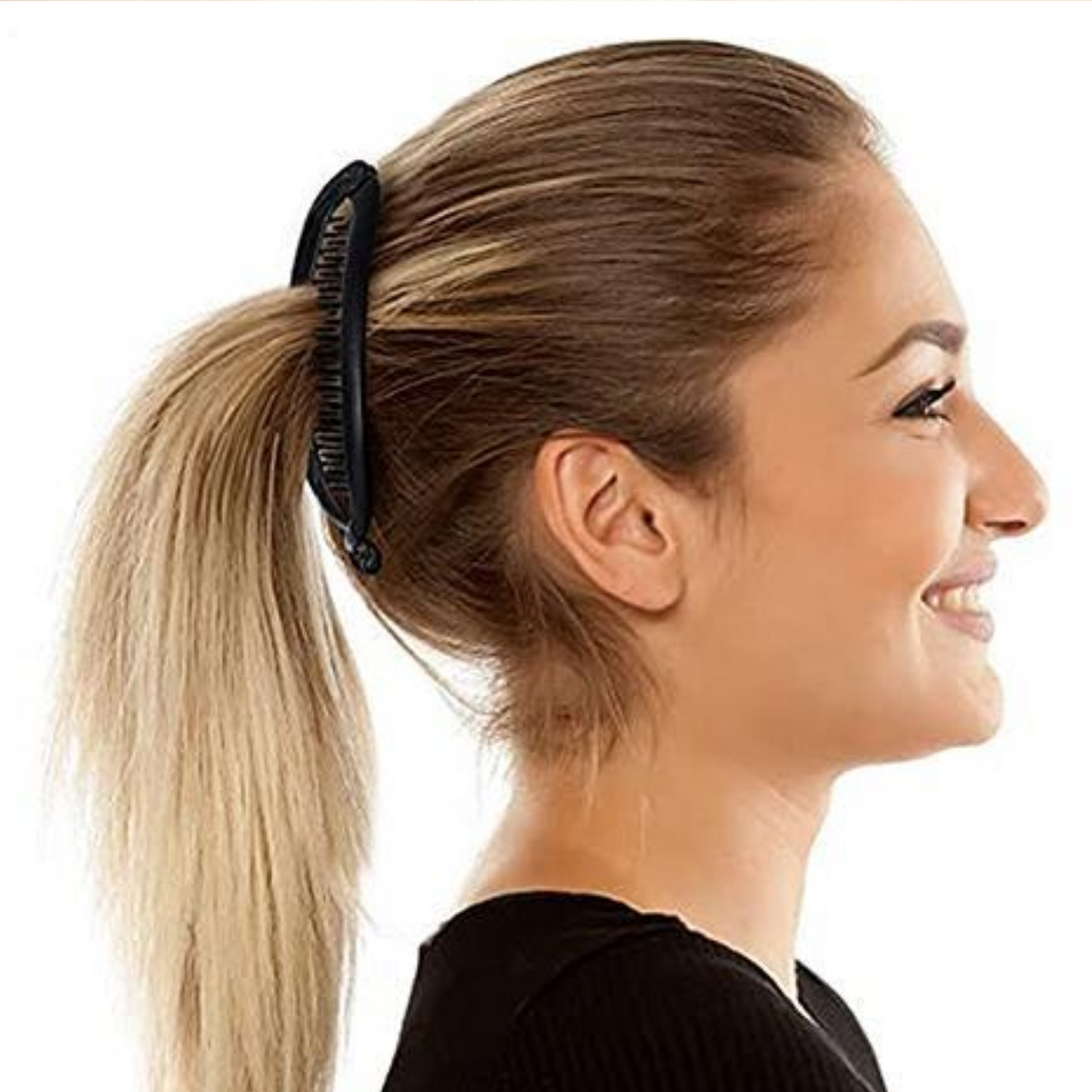 Woman with blonde hair styled in a ponytail using Annie Banana Clip Large Oval 14cm Fashion Hair Clip in black.