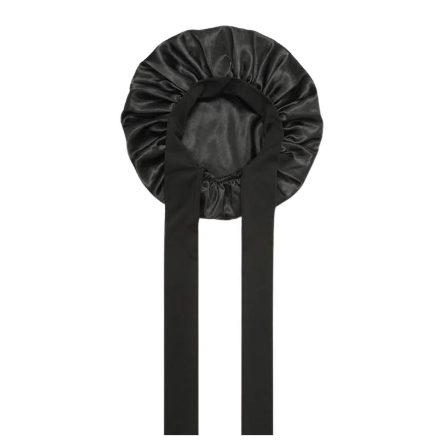 Ms. Remi Silky Wide Edge Strap Day & Night Cap XL Black with wide soft band and silky satin for hair protection.
