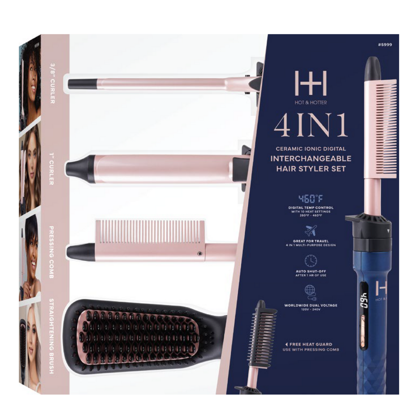 Hot & Hotter 4 in 1 Ceramic lonic Digital Interchangeable Hair Styler with 4 attachments and digital heat control.
