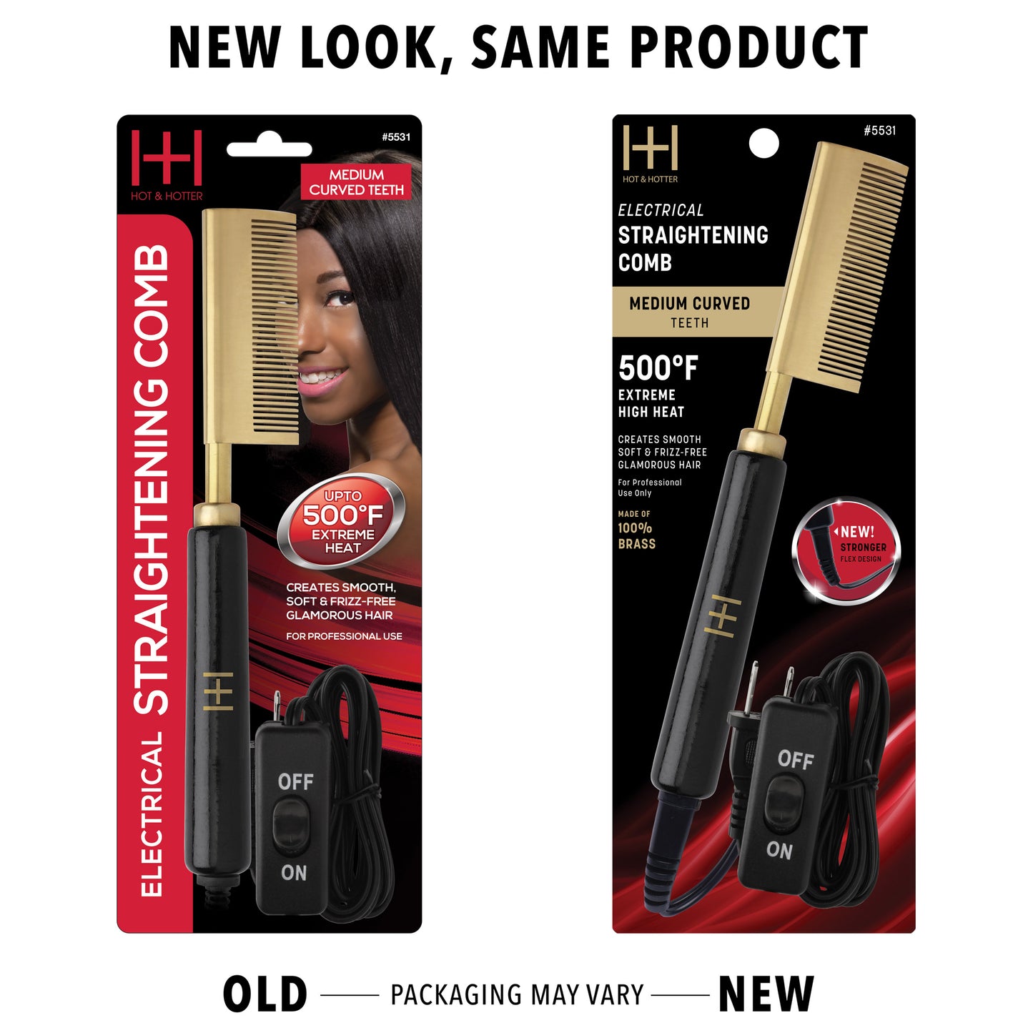 Hot & Hotter Electric Straightening Hot Comb Medium Curved Teeth black and gold press comb 500ºF temperature
