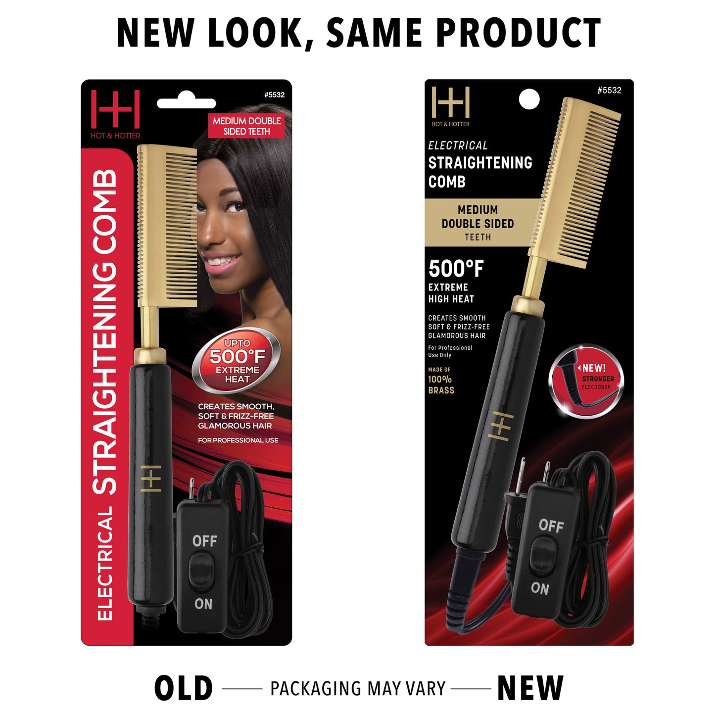 Hot & Hotter Electric Straightening Comb Medium Double Sided Teeth black and gold 120V with 500ºF heat control