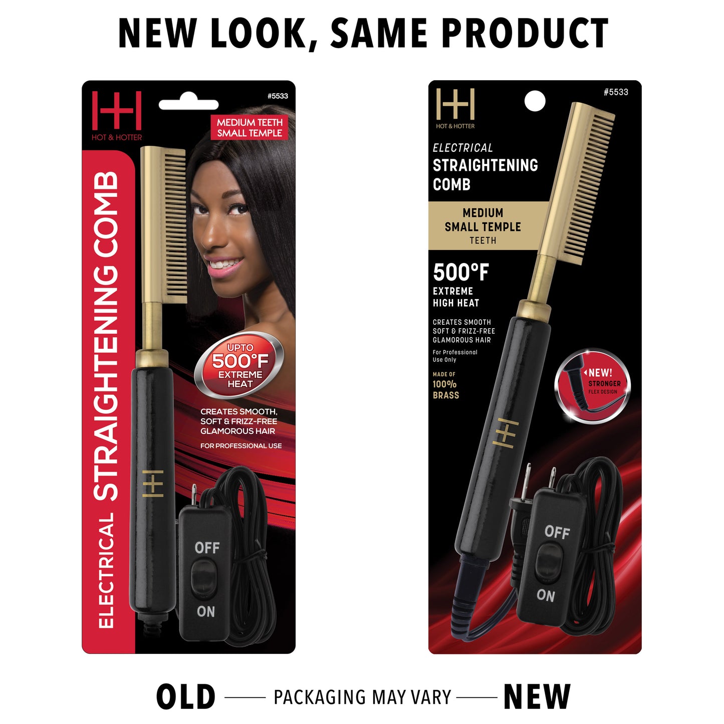 Hot & Hotter Electric Straightening Hot Comb Medium Teeth Small in black and gold with 500ºF heat for smooth hair