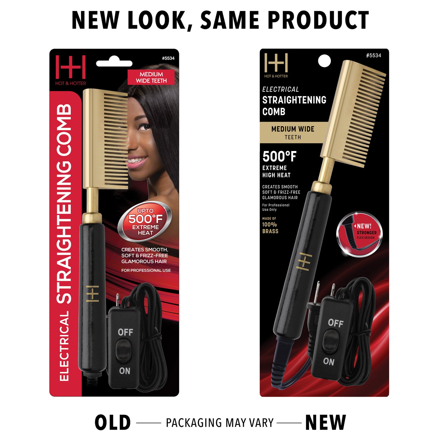 Hot & Hotter Electric Straightening Hot Comb Medium Wide Teeth black and gold with 500ºF heat and 120V power