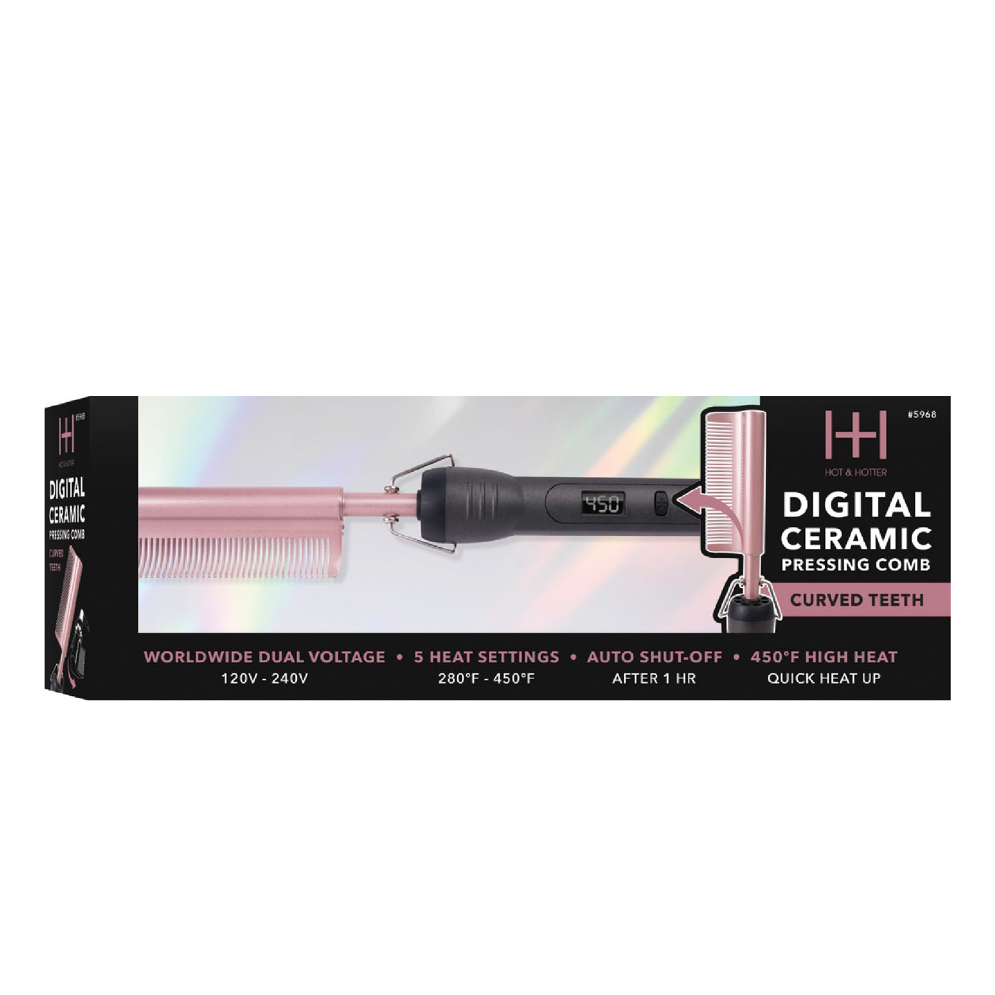 Hot & Hotter Digital Ceramic Pressing Comb Curved Teeth rose gold hair straightener with digital display and adjustable heat settings.