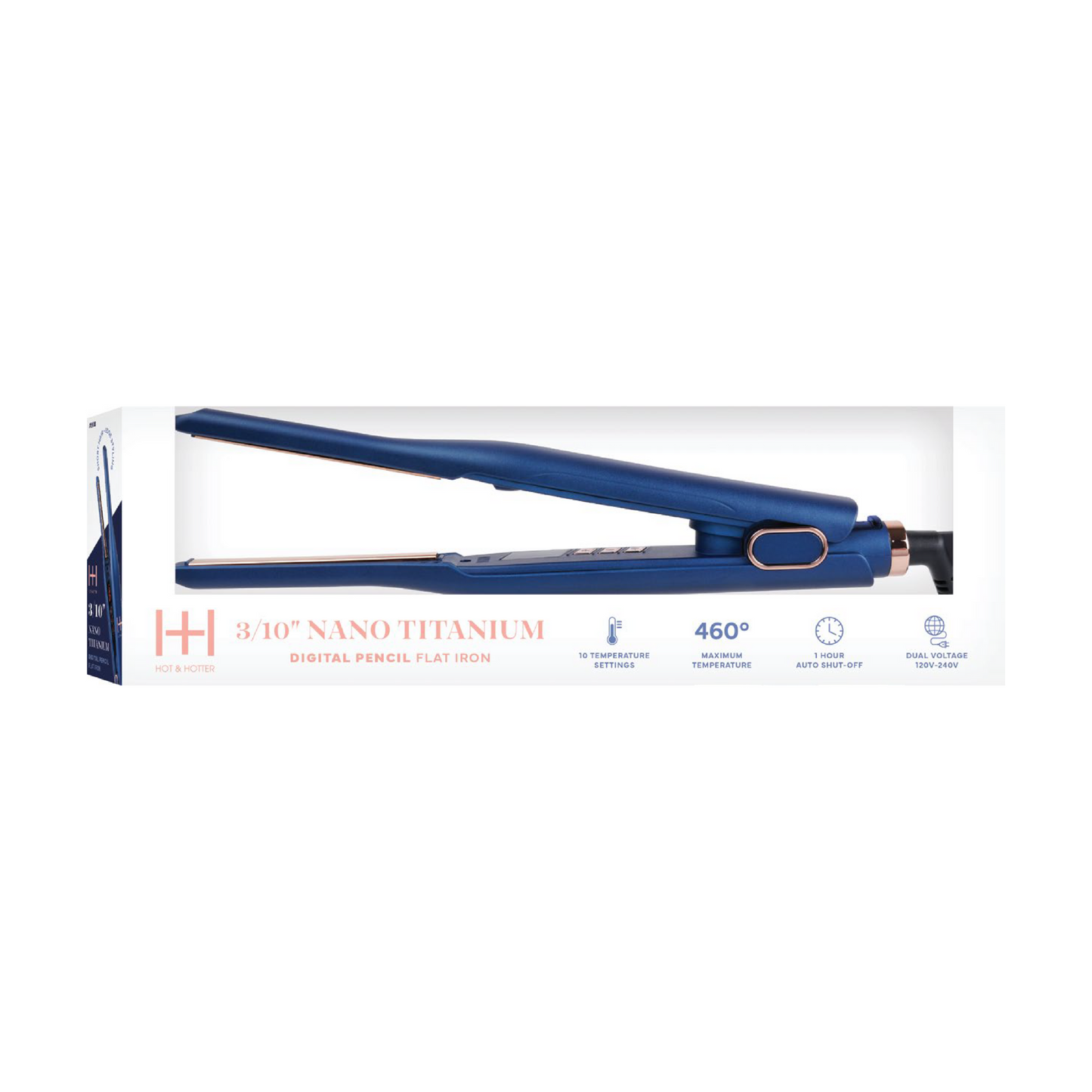 Hot & Hotter Nano Titanium Digital Pencil Flat Iron 3/10 blue with 10 temperature settings and dual voltage features.