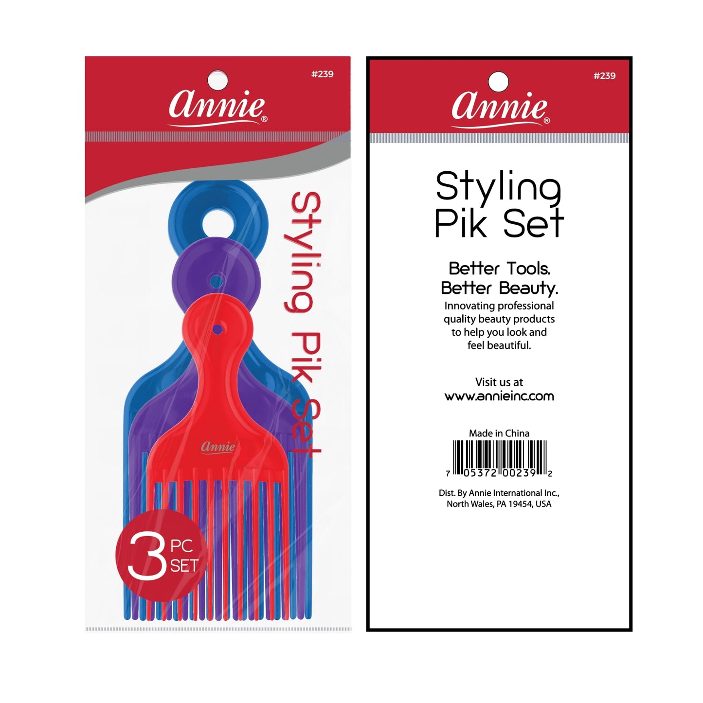 Annie Styling Plastic Pik Short Medium Long 3ct Asst. set with colorful durable piks for textured hair styling and volume.
