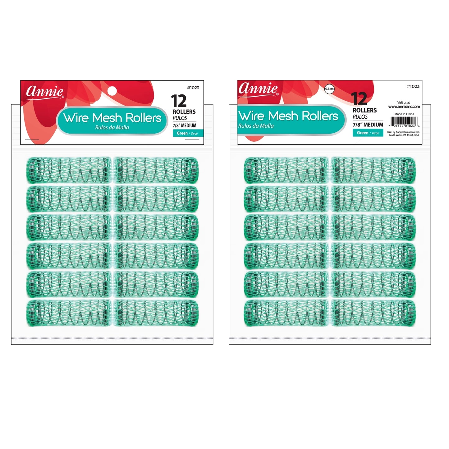 Annie International:Annie Wire Mesh Rollers Medium 7/8in, 12 Count Hair Curlers, Green