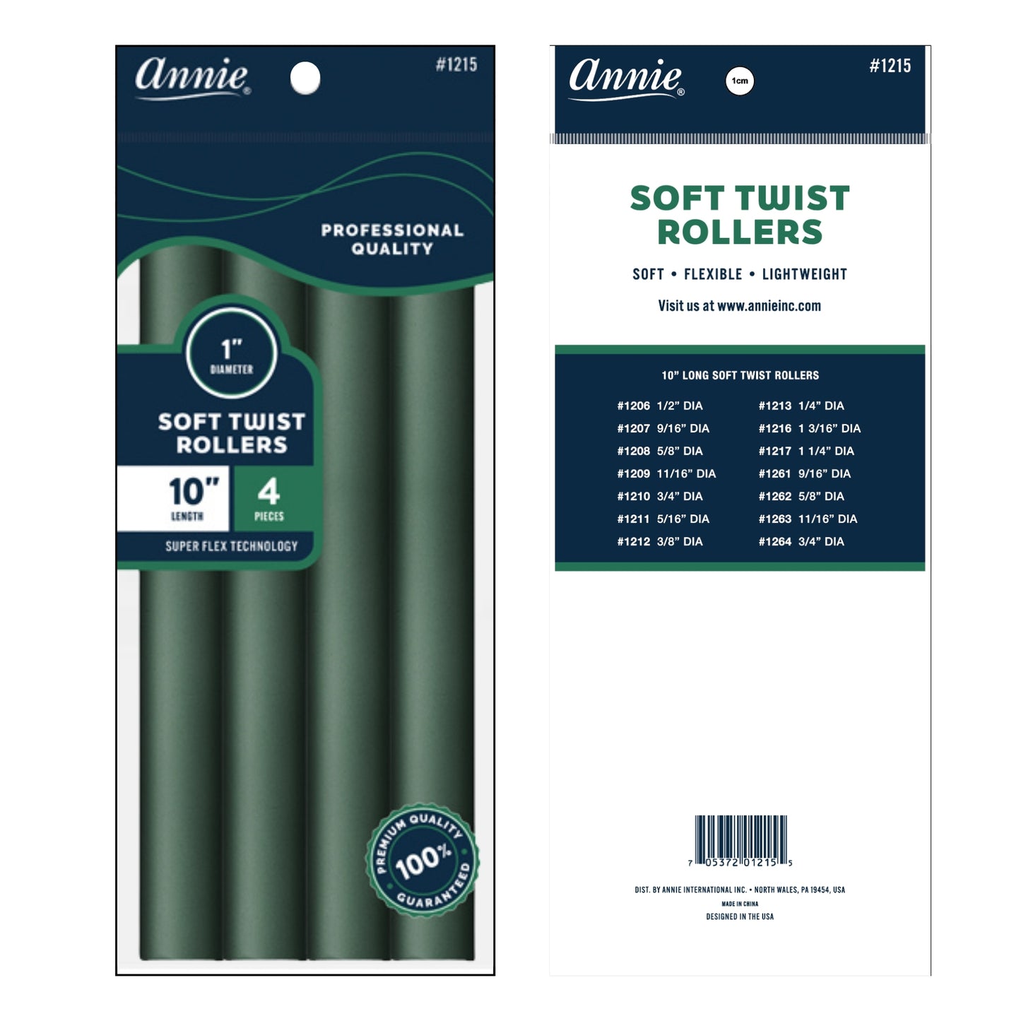 Package of four green soft twist rollers measuring one inch in diameter and 10 inches long, designed with advanced flexible material for gentle styling on textured and natural hair.
