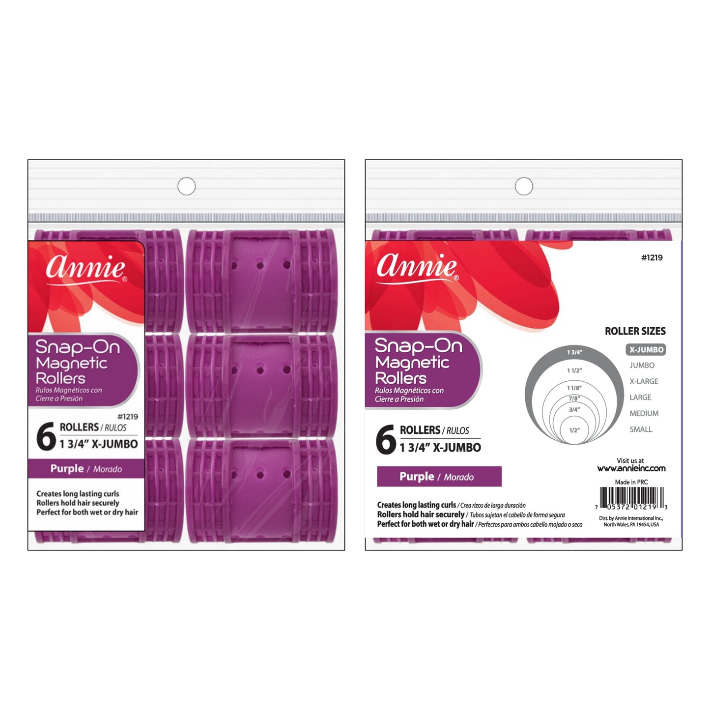 Annie International:Annie Snap-On Magnetic Rollers 1 3/4in, 6 Count X-Jumbo Hair Curlers, Purple