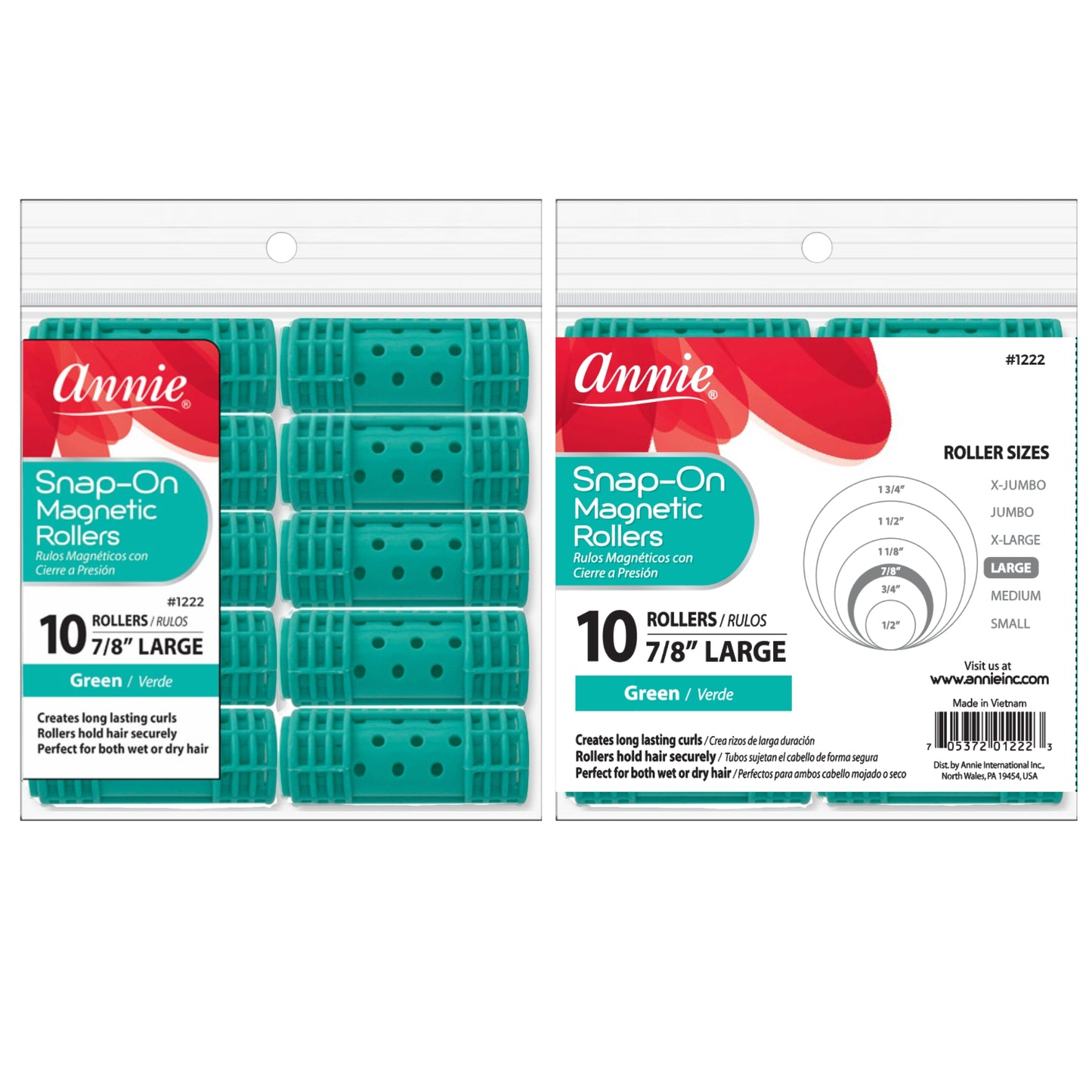 Annie International:Annie Snap-On Magnetic Rollers 7/8in, 10 Count Large Hair Curlers, Green