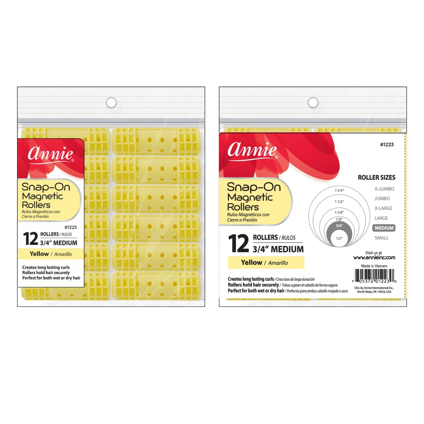 Annie International:Annie Snap-On Magnetic Rollers 3/4in, 12 Count Medium Hair Curlers, Yellow