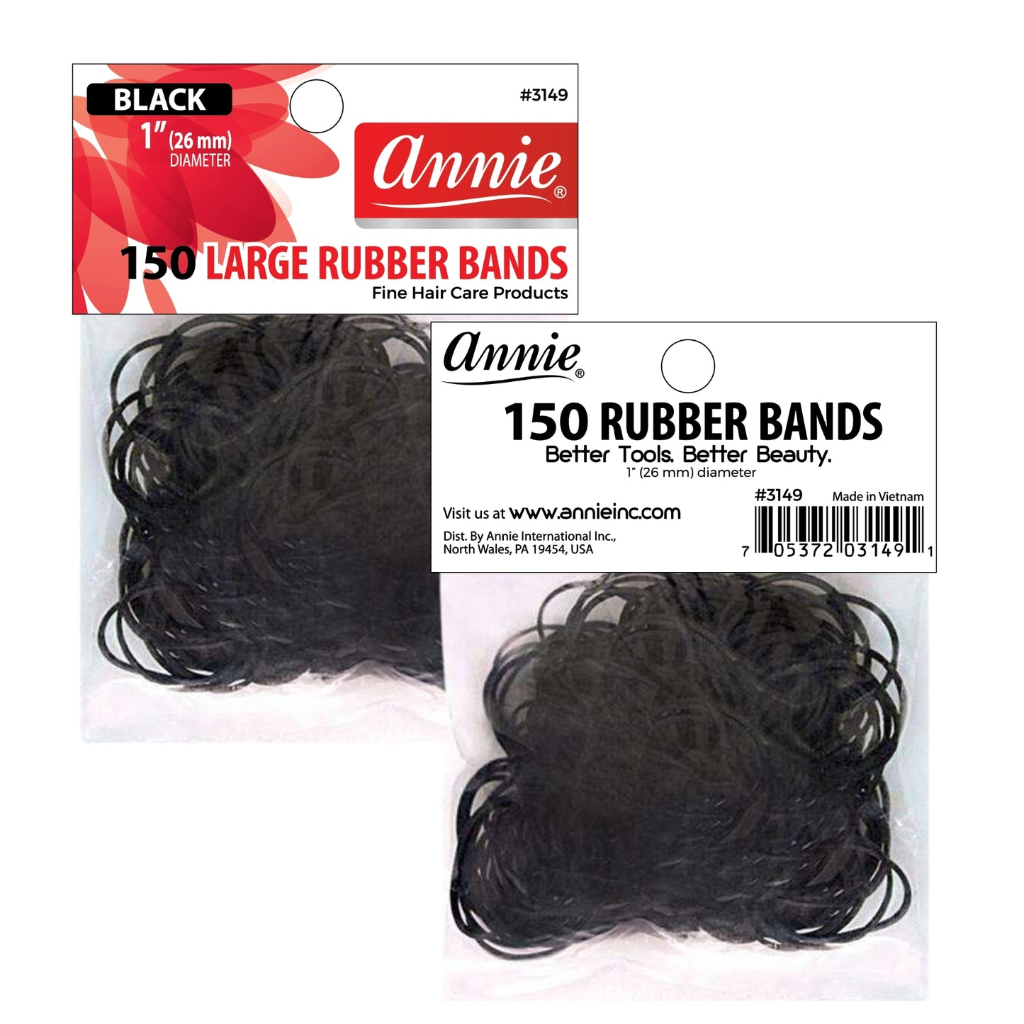 Annie International:Annie Rubber Bands Large 26mm, 150 Count Elastic Hair Ties, Black