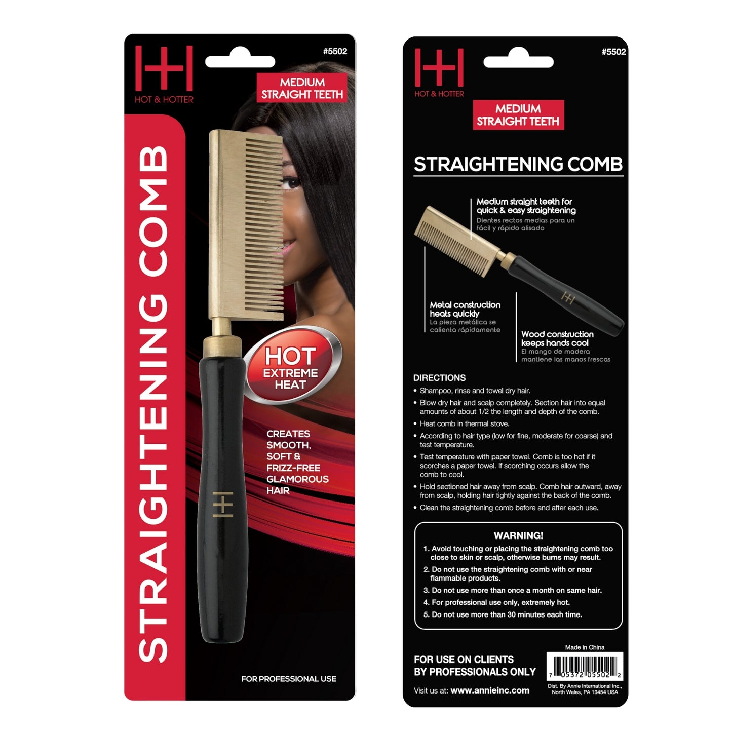 Hot & Hotter Thermal Straightening Comb Medium Teeth Straight black and gold hair straightener for smooth, frizz-free styling.
