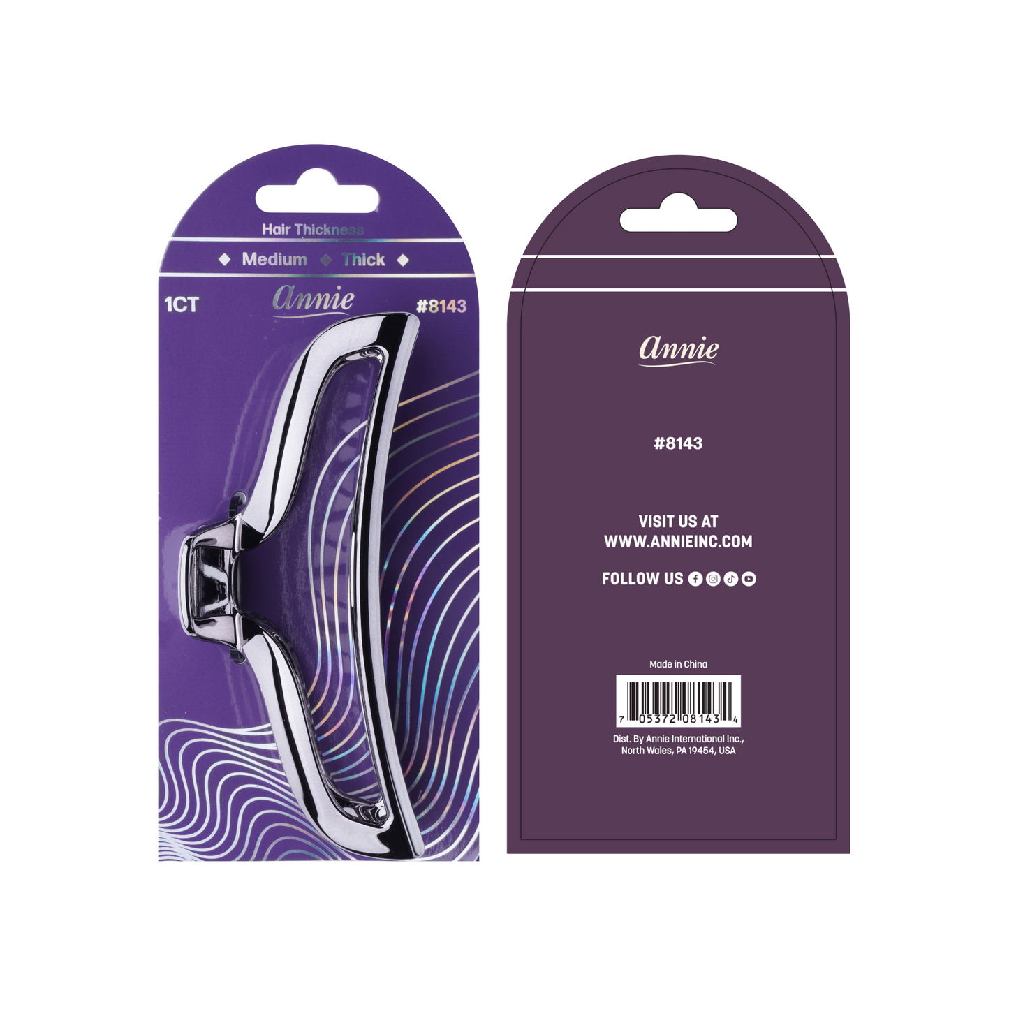 Annie Shiny Large Open Jaw Clip 12.5cm silver metallic hair clip for medium to thick hair, 1 count packaging.