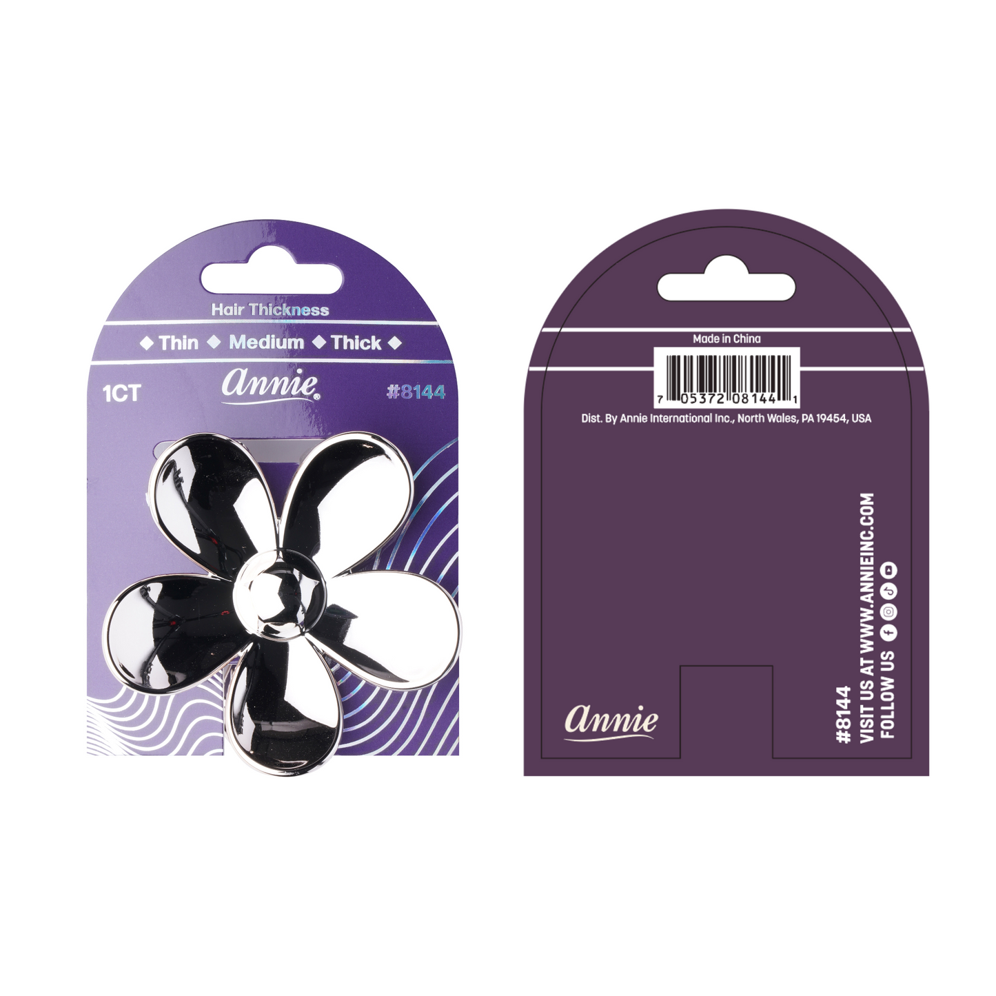 Annie Shiny Floral Jaw Clip 7.5cm silver metallic hair clip with floral broach barrette design for stylish hair fashion.