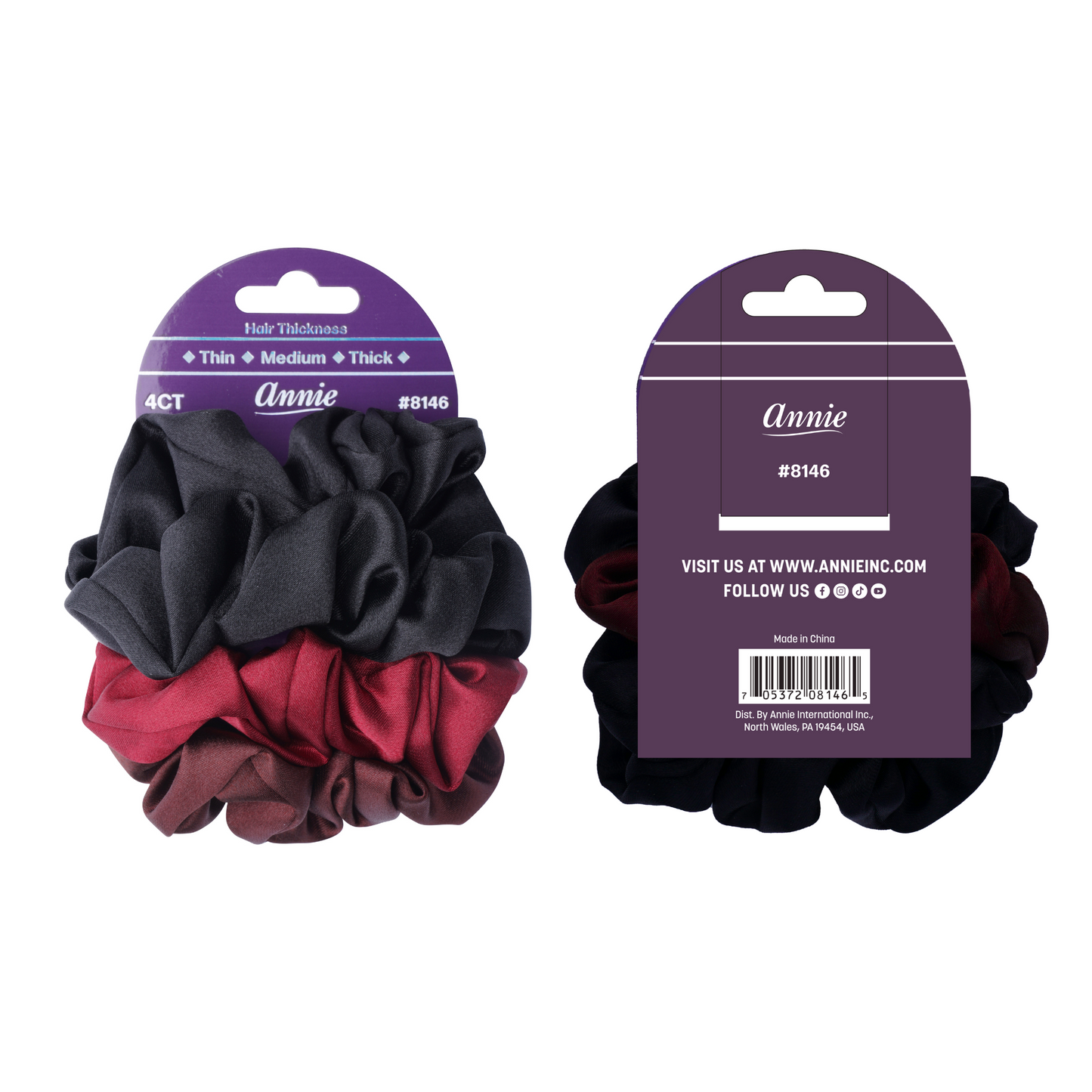 Annie Satin Scrunchies Set 4 Count in black, red, and brown with silky soft satin and stretch elastic for all hair types.