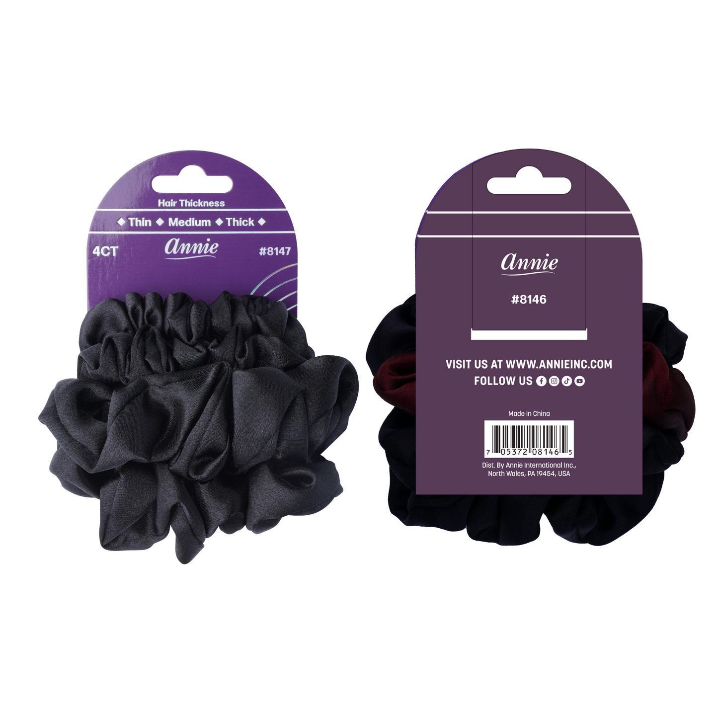 Annie Satin Scrunchies Thin & Regular 4 Count Fancy Hair Ties black silky soft satin hair accessories