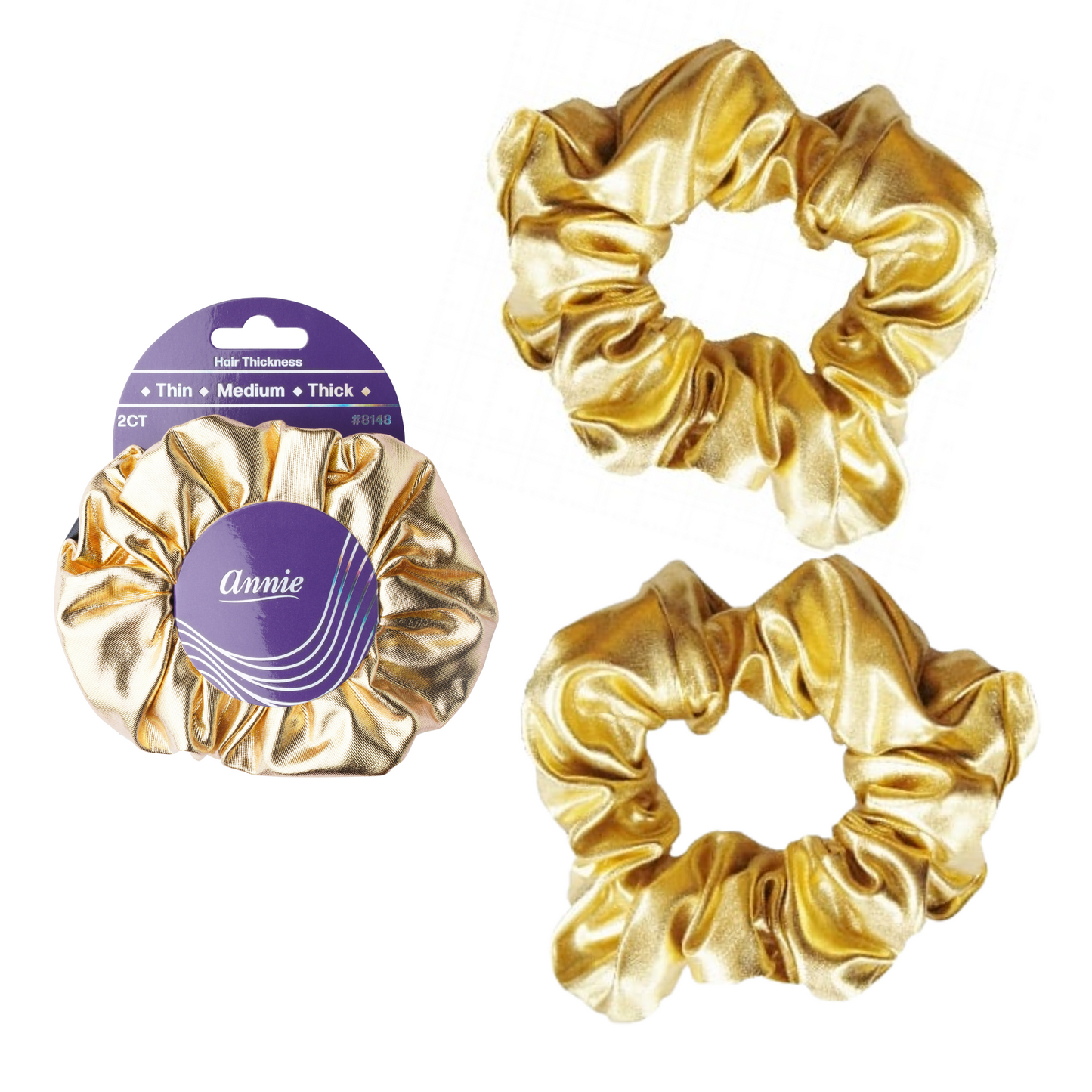 Annie Metallic Scrunchie 5.5in, 2 Count Thick Glitter Hair Tie in gold with soft, durable fabric and elastic stretch.