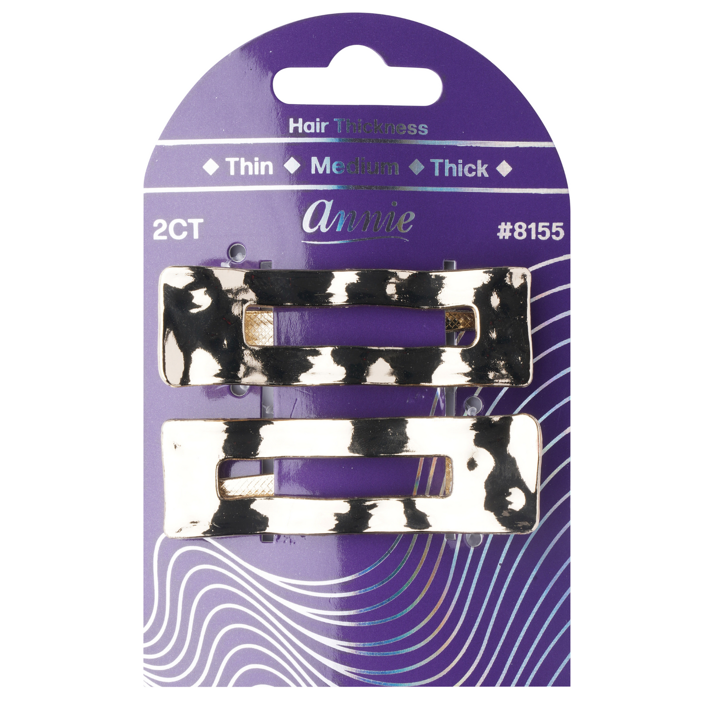 Annie Shiny Metal Hair Clips Rectangle 2 Count gold metallic rectangular hair clips on purple packaging.