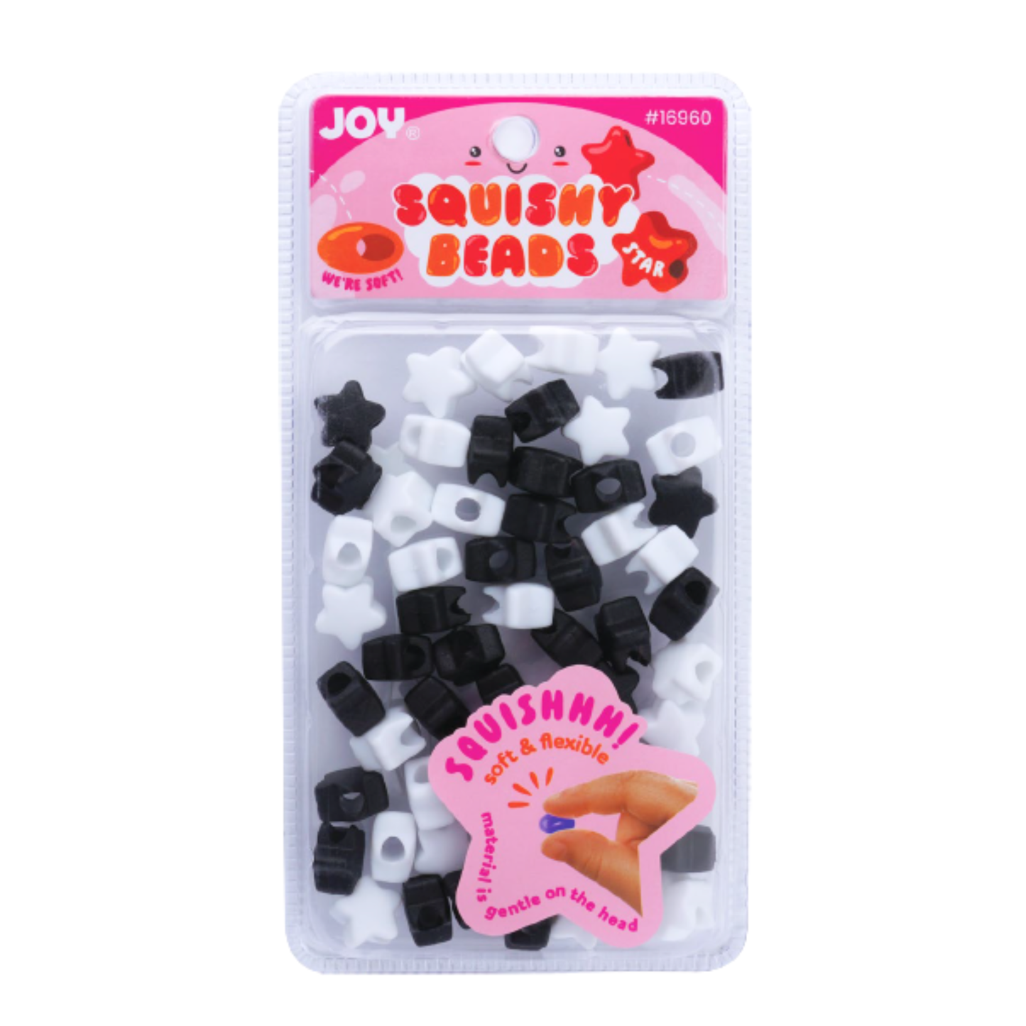 Pack of 60 black and white star-shaped soft squishy beads for hair braids and locs, flexible and lightweight accessories