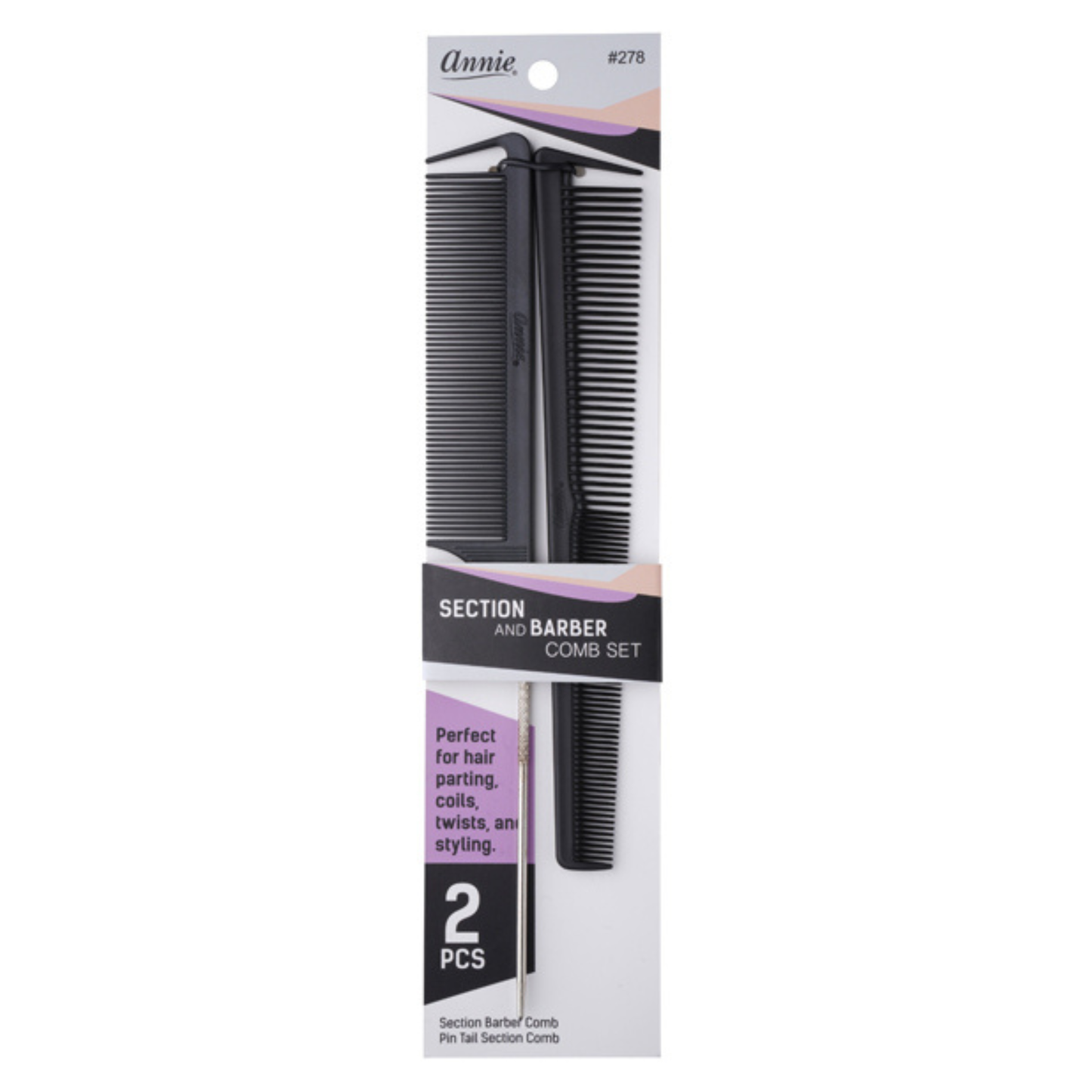 Annie Section & Barber Comb Set, 2 Count, Black