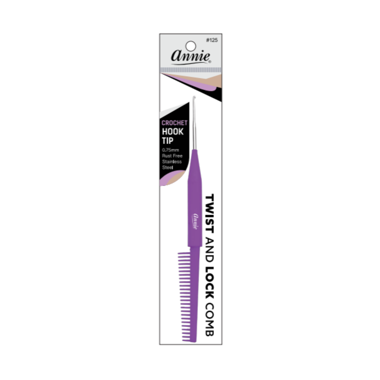 Annie Twist & Lock Comb with Crochet Hook, 1 Count, Assorted featuring a purple handle, fine teeth for gentle detangling, and a rust-free stainless steel crochet hook for secure twisting and locking.