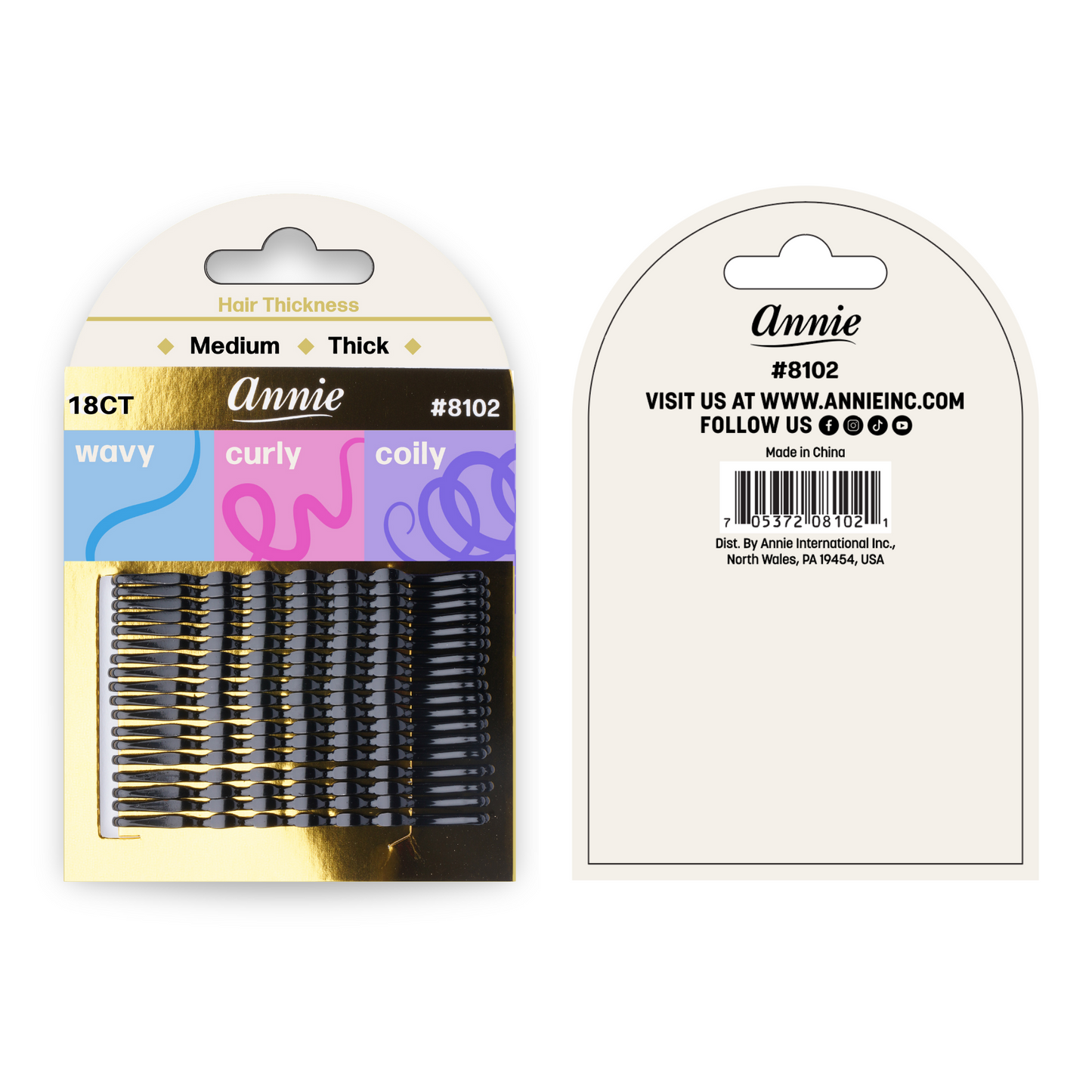 Annie 6.4cm Firm Hold Bobby Pin 18ct black for wavy, curly, coily hair, medium to thick hair, extra grip and secure hold.