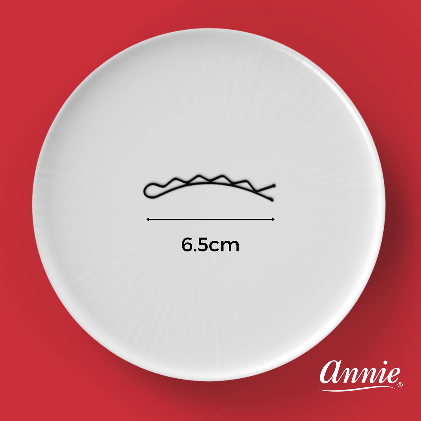 Annie 6.5cm Big Curve Bobby Pin 6ct Black shown on white plate with 6.5cm length measurement and red background.