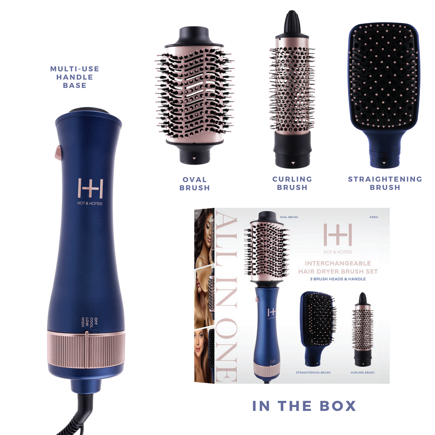 Hot & Hotter All-In-One Interchangeable Hair Dryer Brush with multi-use handle, oval, curling, and straightening brushes in blue.