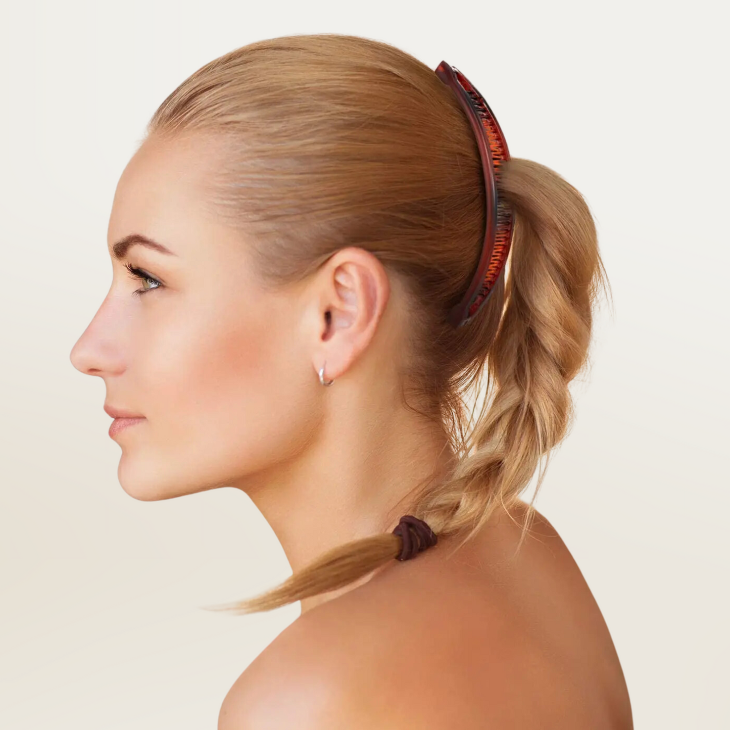 Annie Banana Fashion Clip 5in, 3 Count Fancy Hair Clip in tortoise shell holding braided blonde hair.