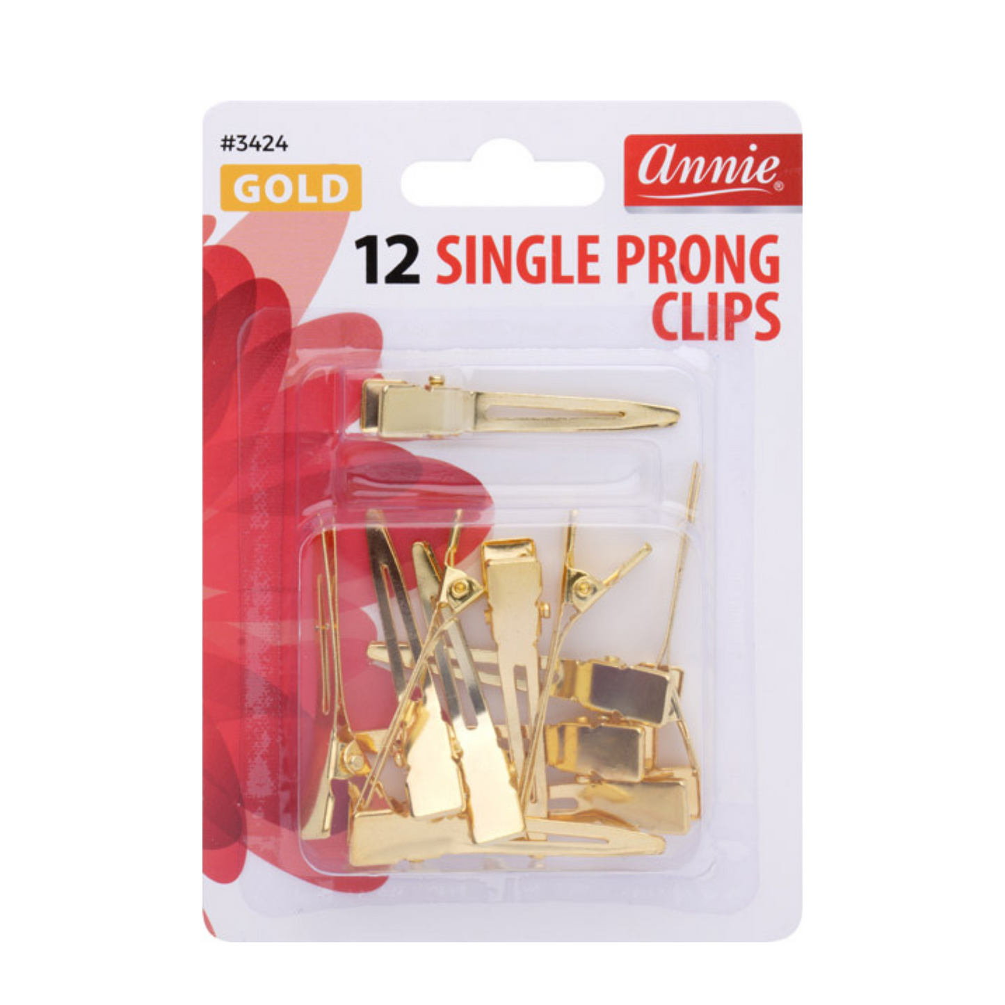 Pack of gold single prong clips with Annie branding on a white background