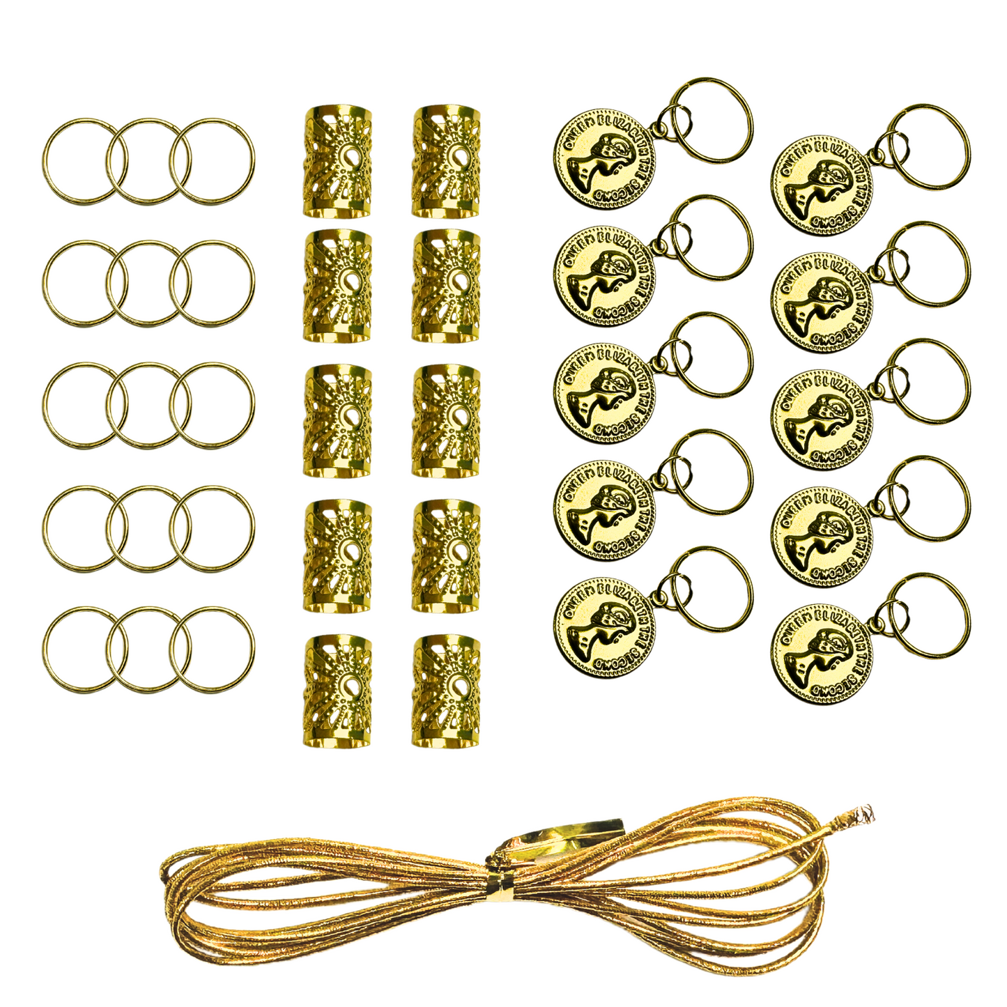 Annie Braid Charm Set Coin with gold metal rings, coin charms, cuffs, and gold string for braids and locs styling.