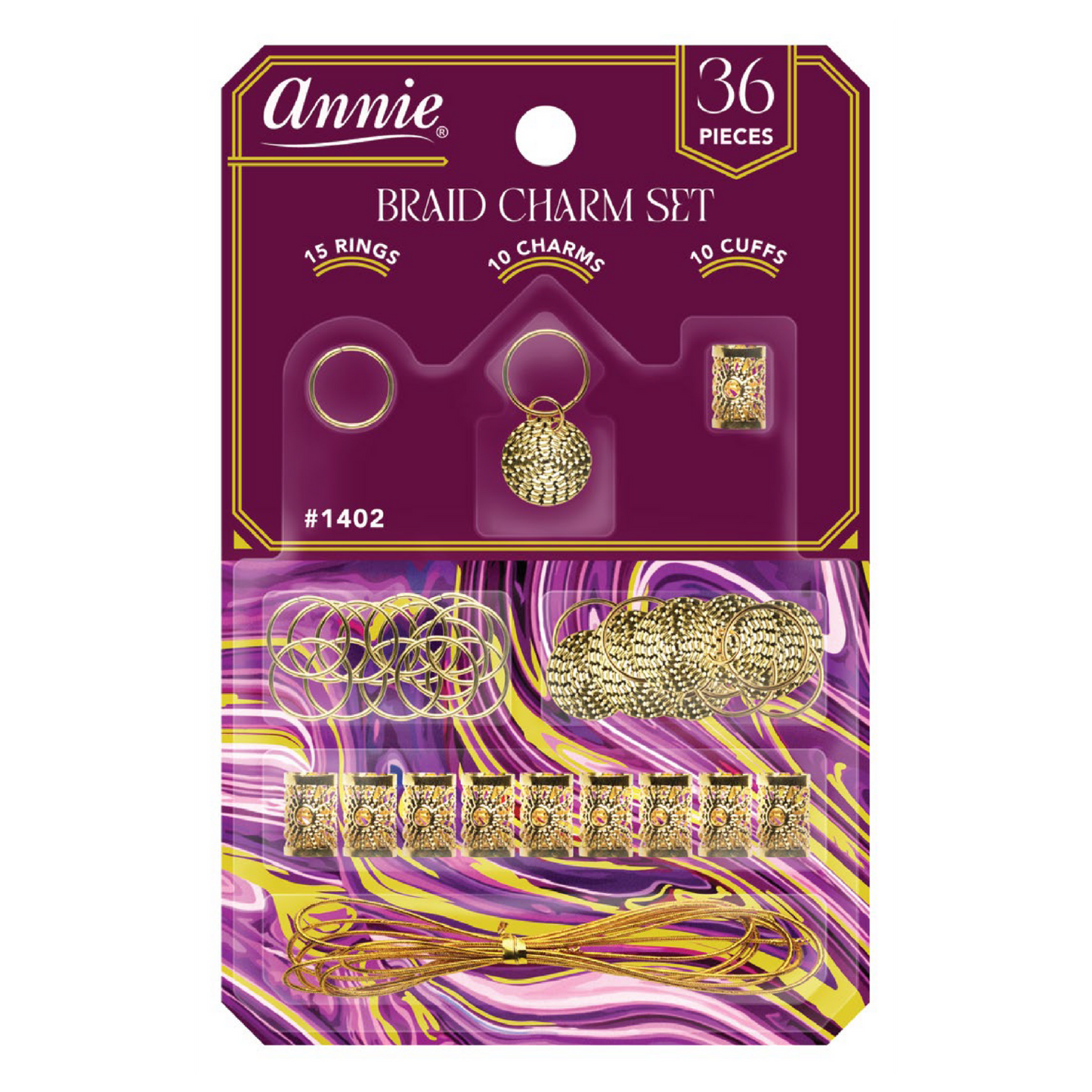Annie Braid Charm Set Patterned Circle with gold rings, hammered disc charms, cuffs, and gold string for hair styling.