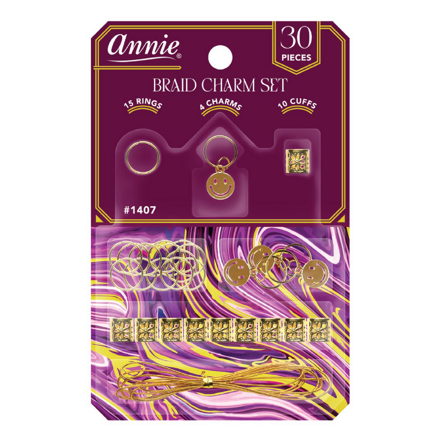 Annie Braid Charm Set Smiley Face with 15 rings, 4 smiley face charms, 10 cuffs, and gold string for braids and locs.
