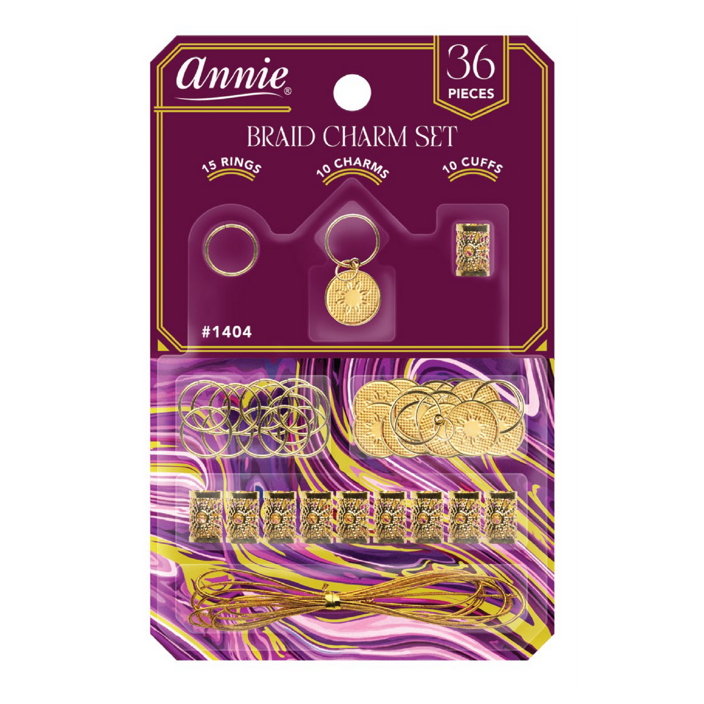Annie Braid Charm Set Floral Circle with 36 gold-tone pieces including rings, charms, cuffs, and string for braids.