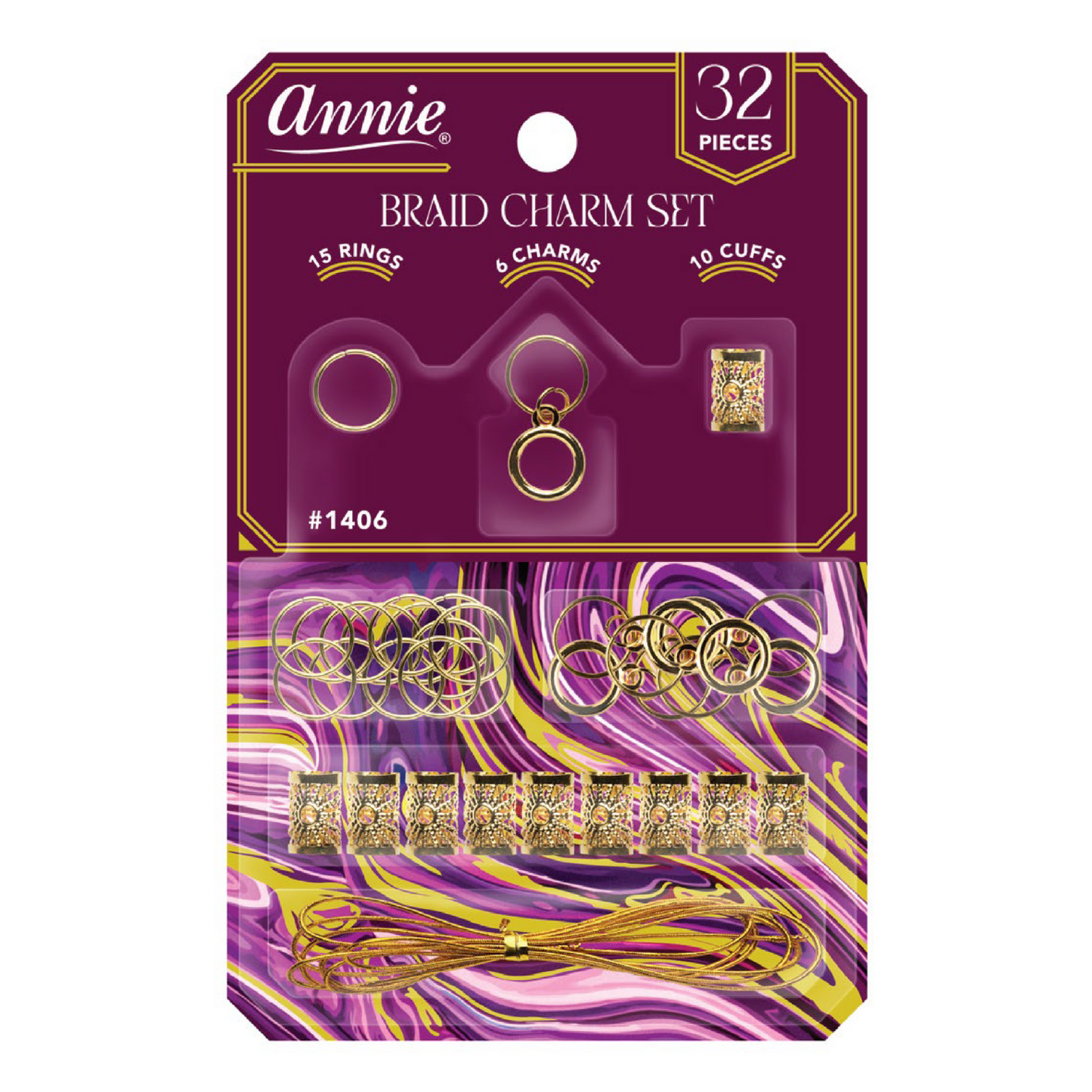 Annie Braid Charm Set, Ring with 15 gold rings, 6 charms, 10 cuffs, and a gold string for hair styling.