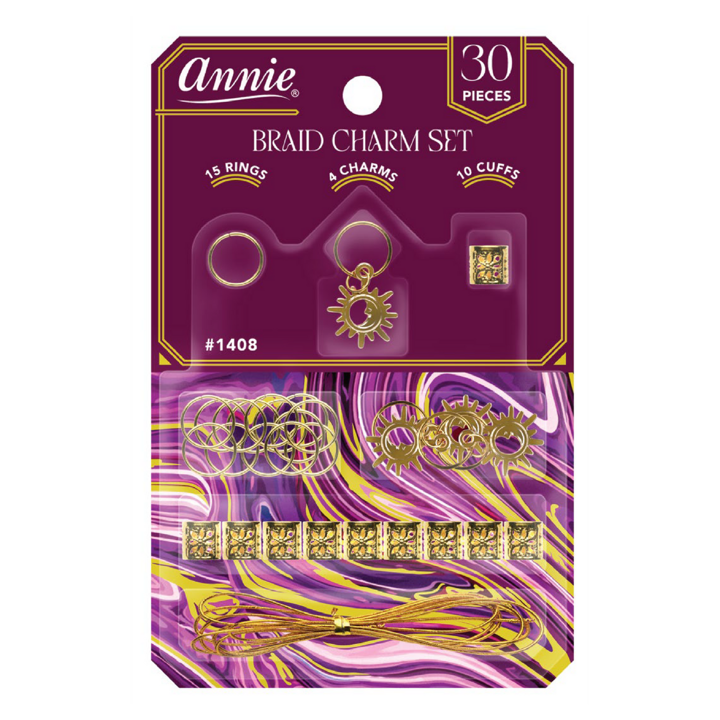 Annie Braid Charm Set Sun & Moon with 15 rings, 4 celestial charms, 10 cuffs, and gold string for hair styling.