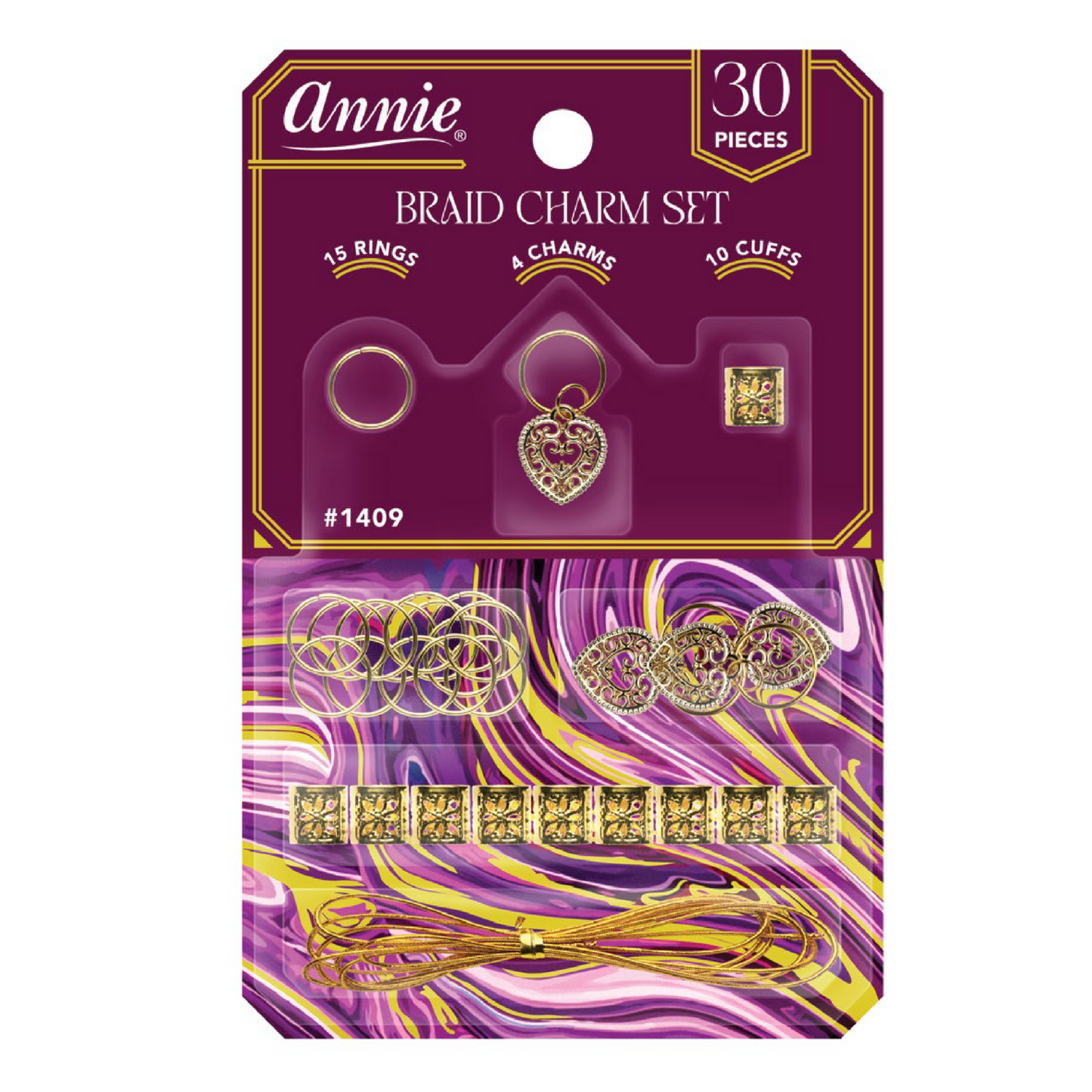 Annie Braid Charm Set Heart with gold rings, heart charms, and cuffs for hairstyles like braids, twists, and locs.