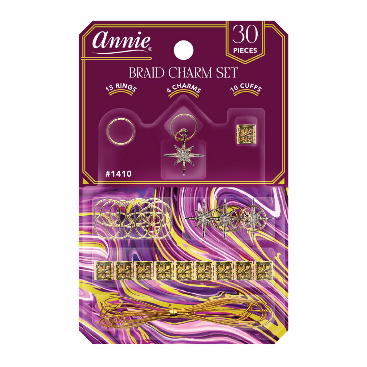 Annie Braid Charm Set Star with 15 gold rings 4 star charms 10 cuffs and gold string for braids and locs styling.