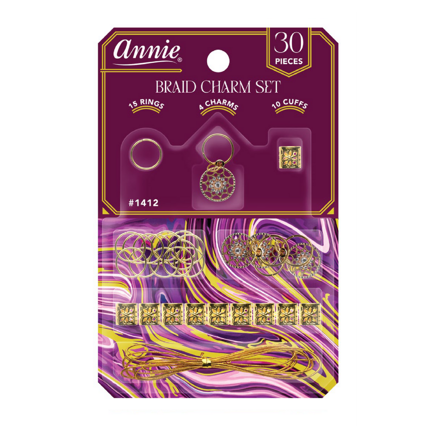 Annie Braid Charm Set Diamond Wheel gold metal rings, cuffs, and diamond wheel charms for braids and twists.