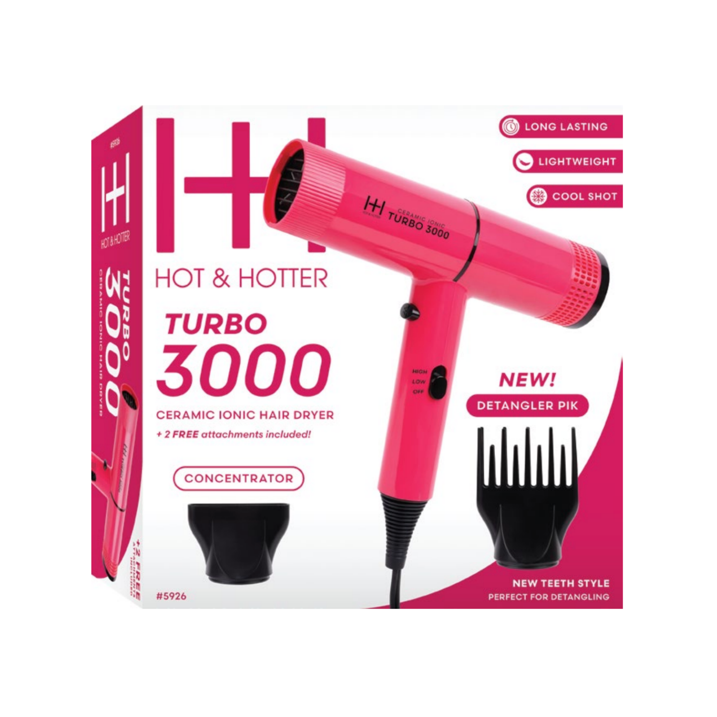 Pink hair dryer with packaging on a white background